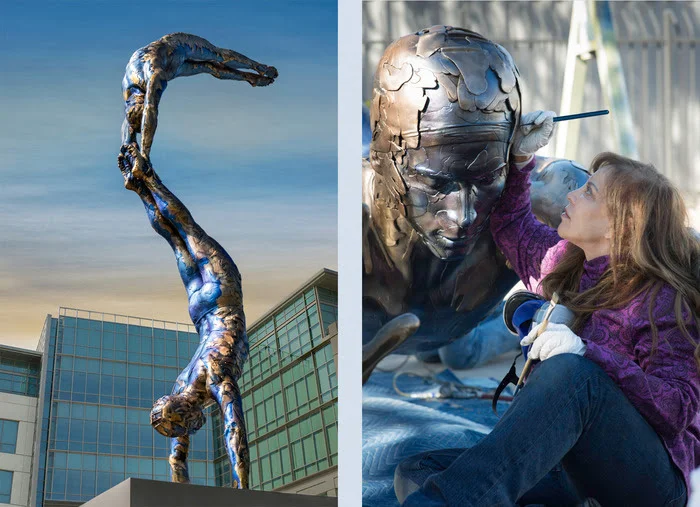 L- 'Double Diver' , 2014- bronze with patina finish; R- Carole Feuerman perfecting the 'Double Diver'