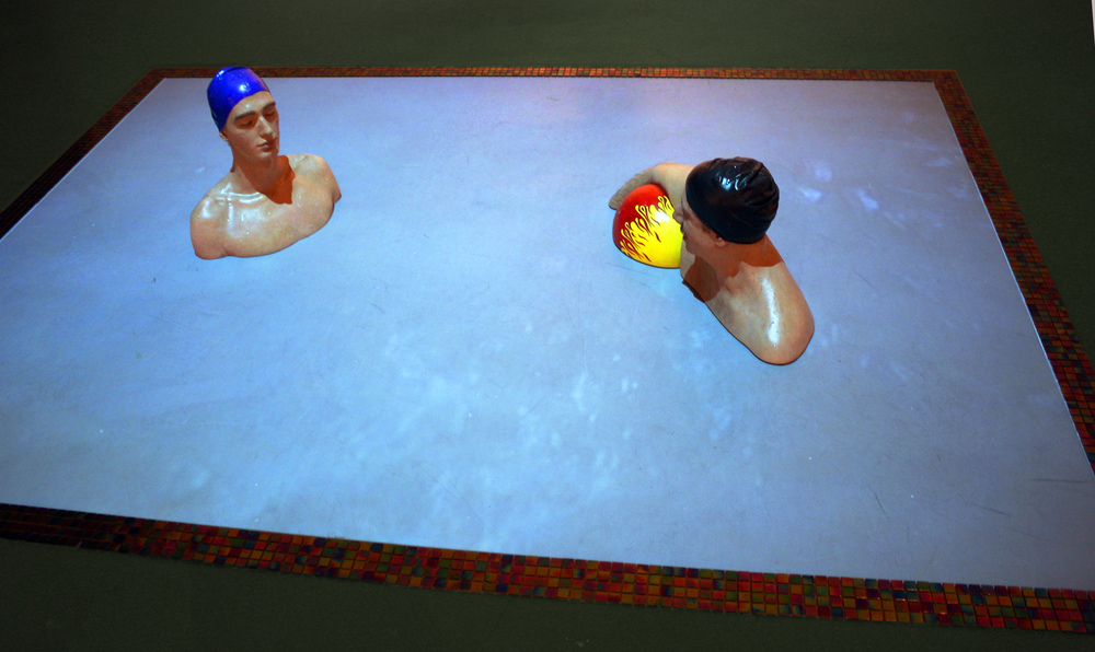 'Tomor and Matteo in the Pool', 2010 Oil on Resin, Video Projection, Ceramic Tile, 120 x 96 inches