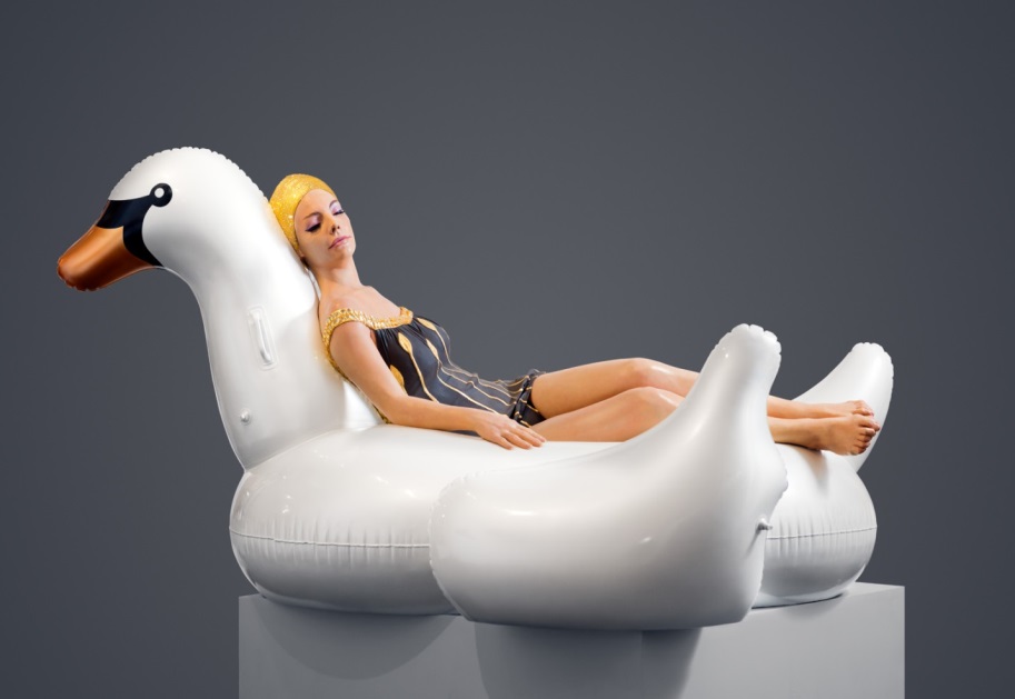Leda and the Swan, 2014. Oil on Resin with 24k Gold Leaf and Swarovski Crystal. 42 H x 80 W x 90 D inches.