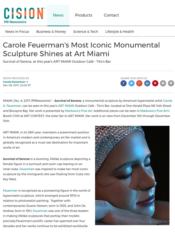 Carole Feuerman's Most Iconic Monumental Sculpture Shines at Art Miami Survival of Serena, at this year's ART MIAMI Outdoor Café - Tito's Bar