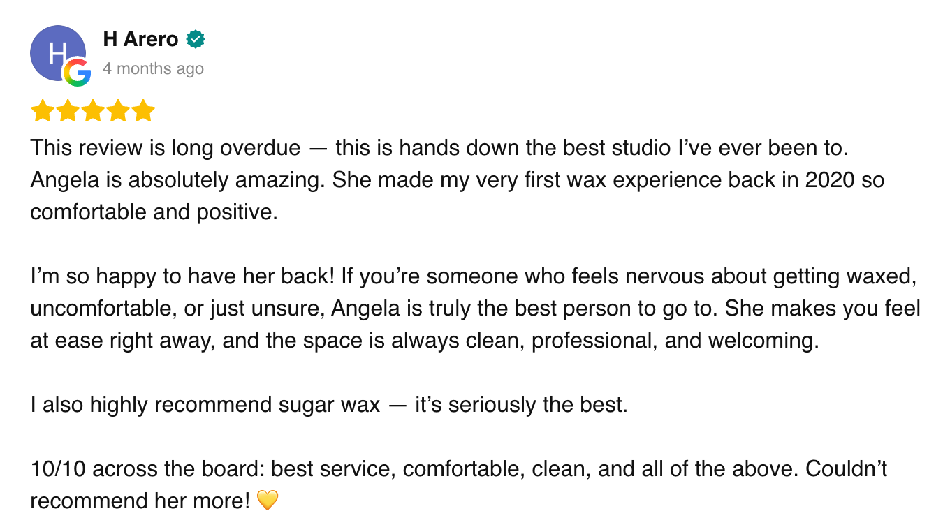 Screenshot of a Google review for a waxing studio, with a five-star rating, posted by H Arero four months ago.