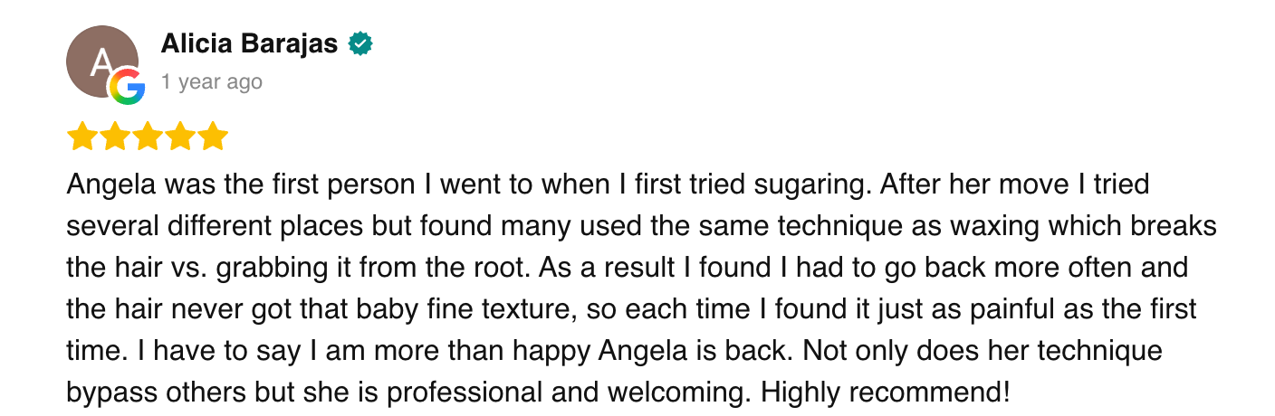Customer review with five-star rating praising Amala Stuido in lynnwood for her hair waxing technique, mentioning previous experiences and satisfaction.