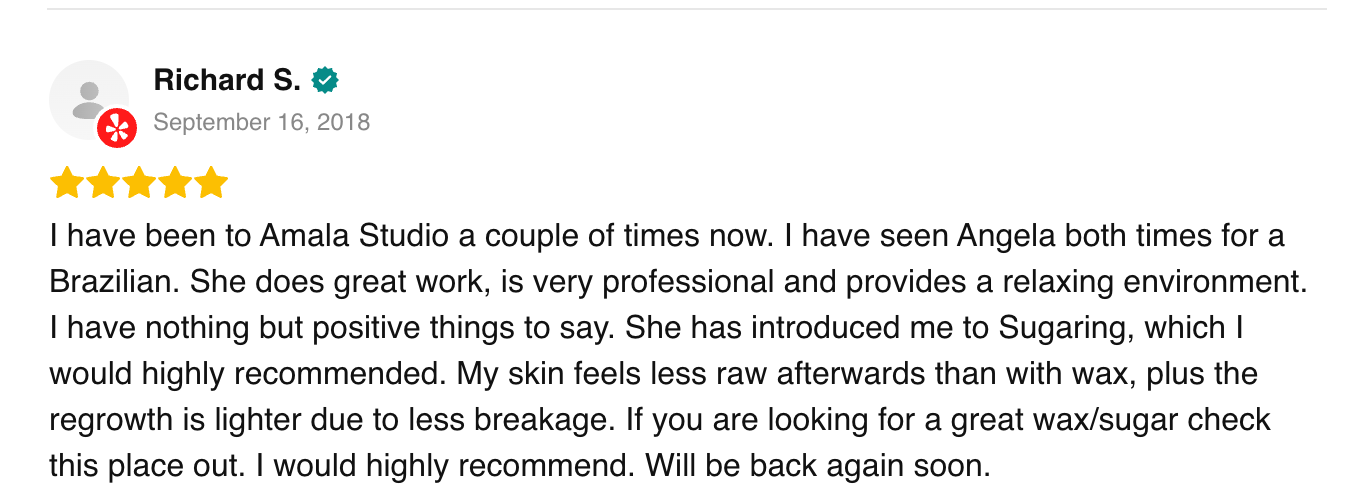 A screenshot of a positive Google review by Richard S. for Amala Studio, dated September 16, 2018, with five stars.