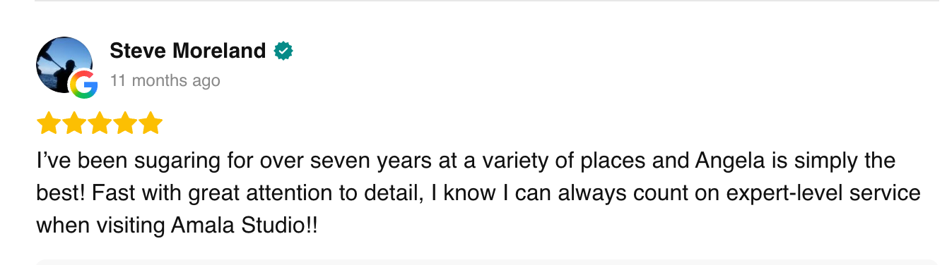 Screenshot of a Google review by Steve Moreland with five gold stars. The review praises Angela at Amala Studio for outstanding service, mentioning over seven years of satisfied experience at various places.