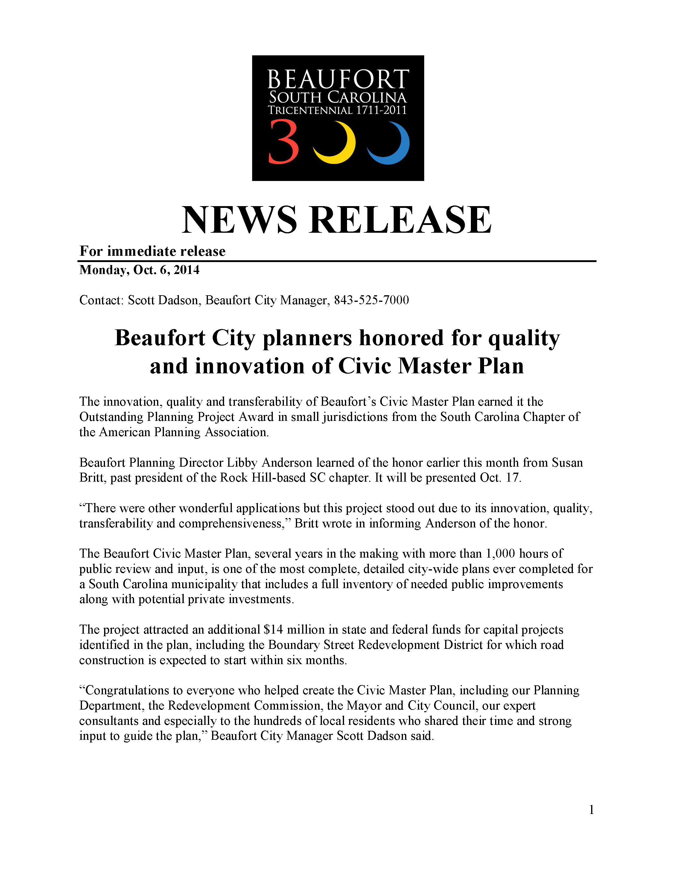 Civic Master Plan SC-APA award press release