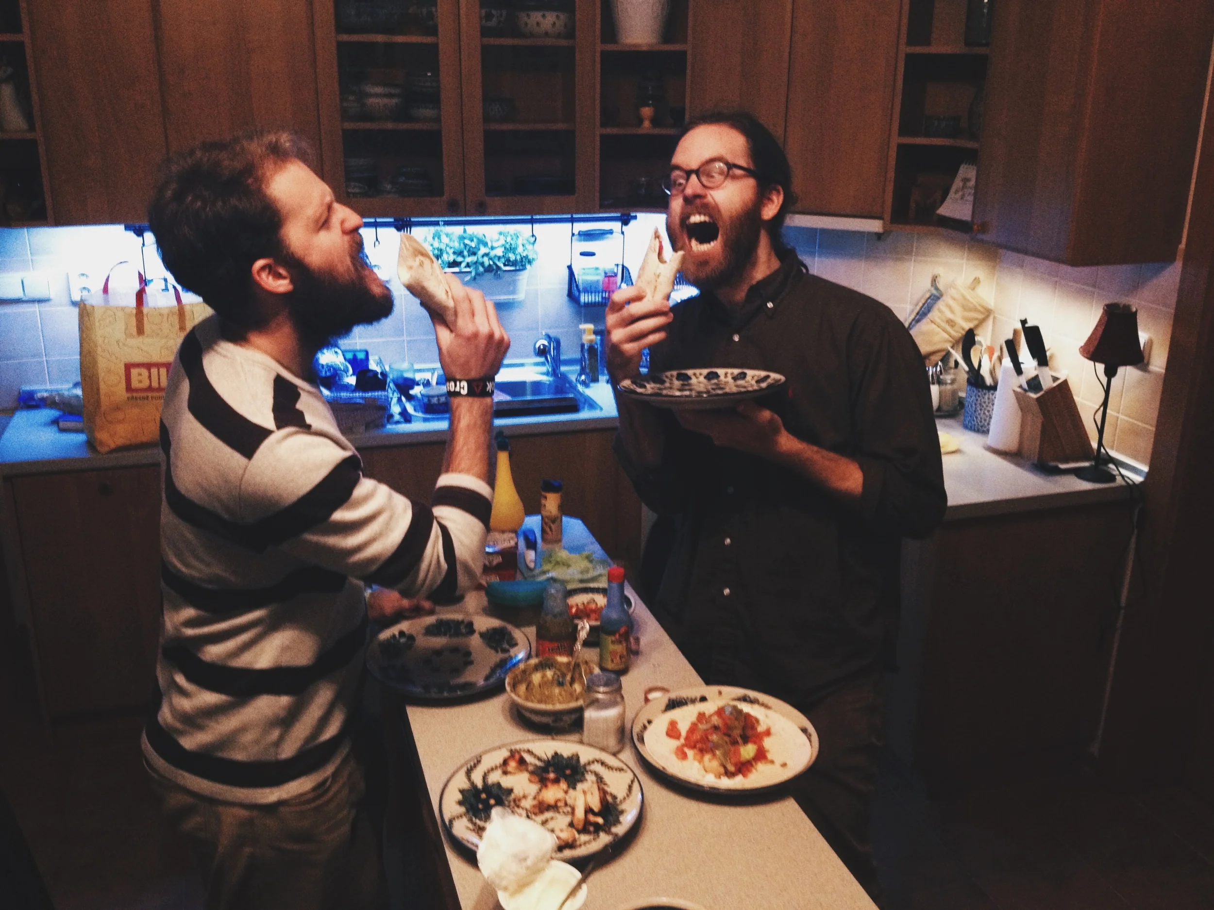 L: Jonathan (roommate) R: John (graphic design and accordion player for JV)