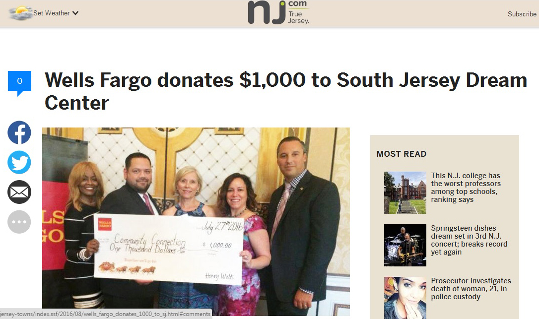 Pictured, from left: Wells Fargo's Southern New Jersey Regional President Brenda Ross-Dulan, Gloucester County District Manager Moses Santizo, Executive Director of the South Jersey Dream Center Natalie Fortunato, Brokerage Associate, Glassboro Store, Kirstin Powell, and Area President James Newson. The South Jersey Dream Center was awarded a $1,000 grant by Wells Fargo to support the organization's mission of providing food, clothing, and supportive services.