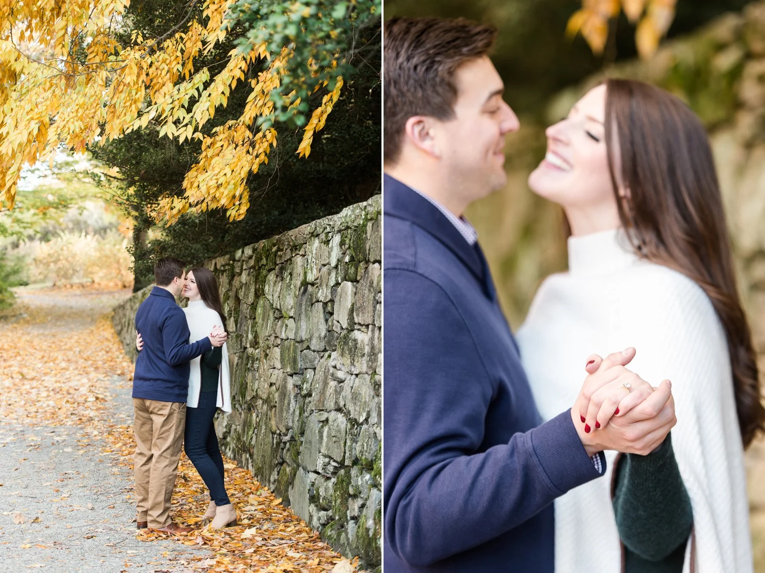 arnold arboretum fall boston engagement session golden hour light and classic engagement ring