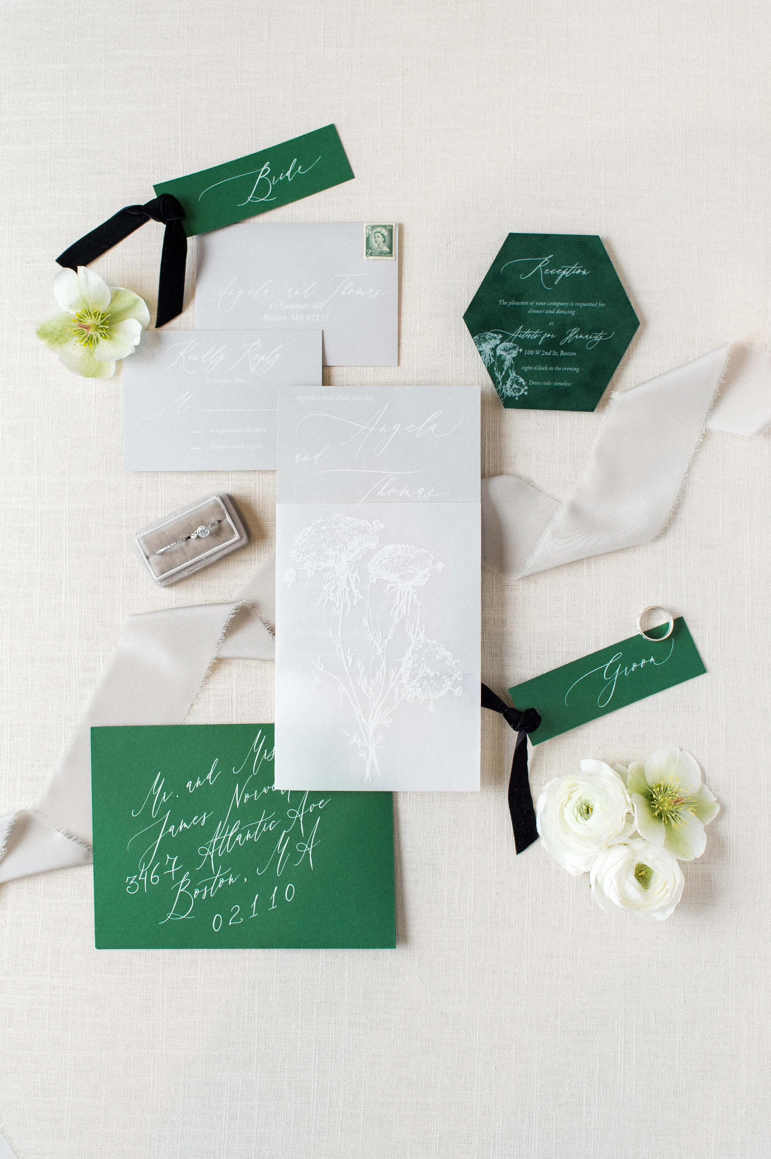 Artists for humanity epicenter wedding | Boston wedding | green and gray vellum wedding invitation suite by Boxed Wedding Invitations | green botanical wedding inspiration | velvet rsvp invitation