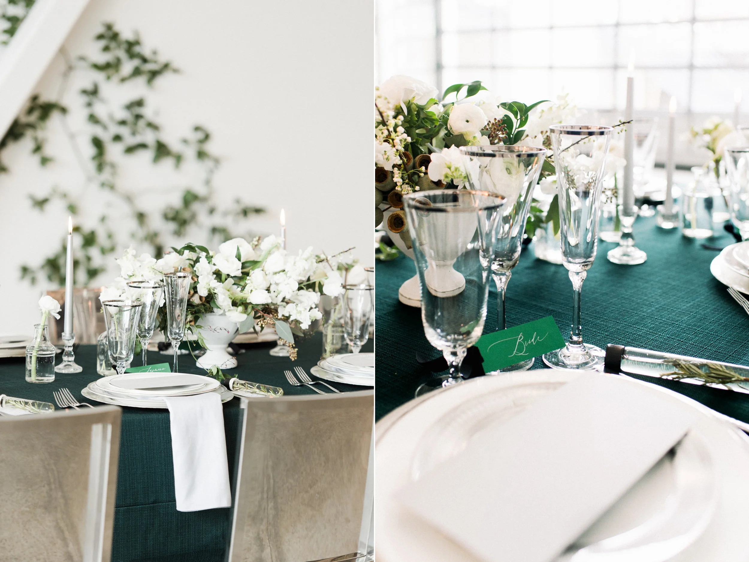 Artists for humanity epicenter wedding green botanical wedding inspiration ivy feature wall modern glamour candles white floral tablescape with velvet textures