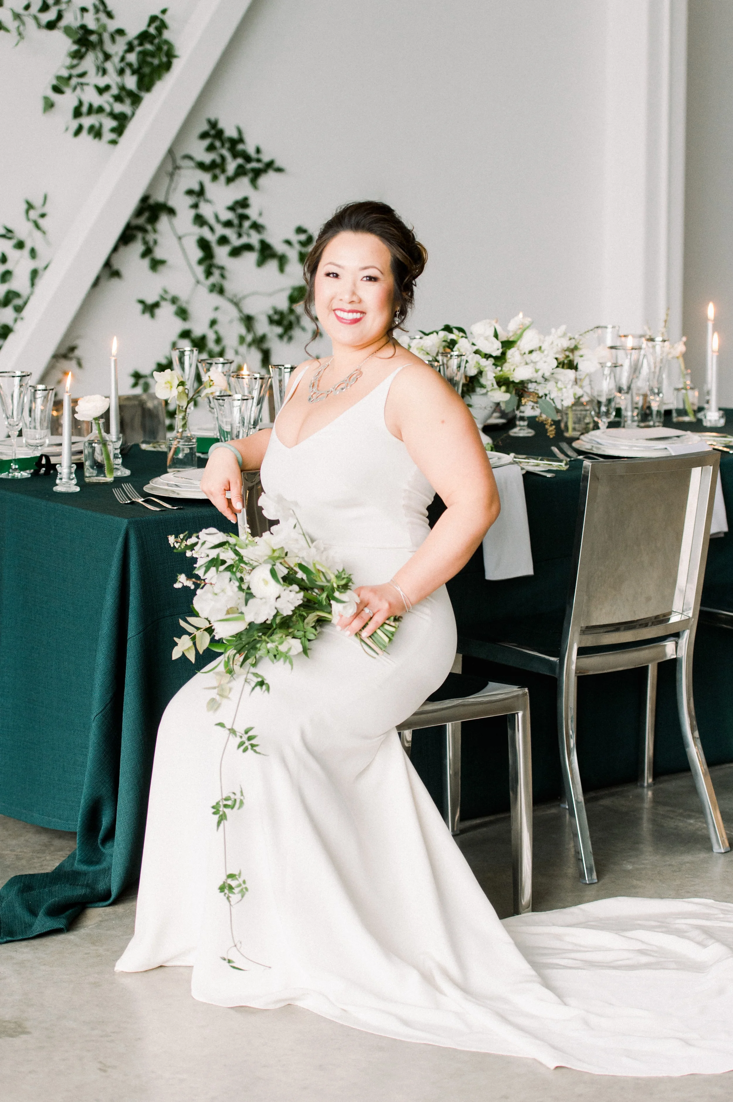 Artists for humanity epicenter wedding | Boston wedding | bridal hair and makeup soft with pop of lip color by Jenny Luu | green botanical wedding inspiration | bridal style | Jann Marie Wedding Dress