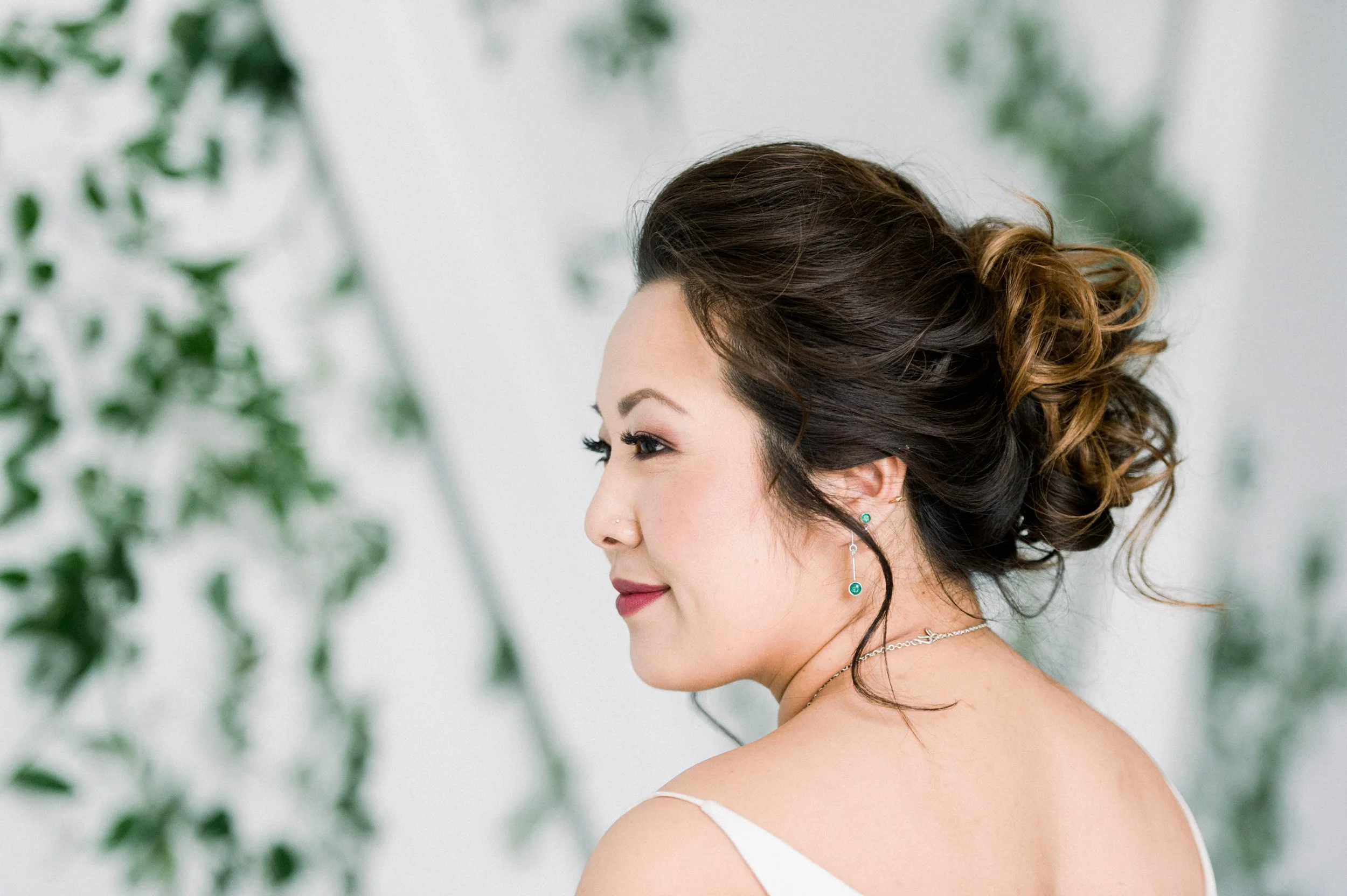 Bridal hair and makeup soft romantic with pop of color on lip | Artists for humanity wedding | Boston wedding | green botanical wedding | Bride Hair | Bride makeup