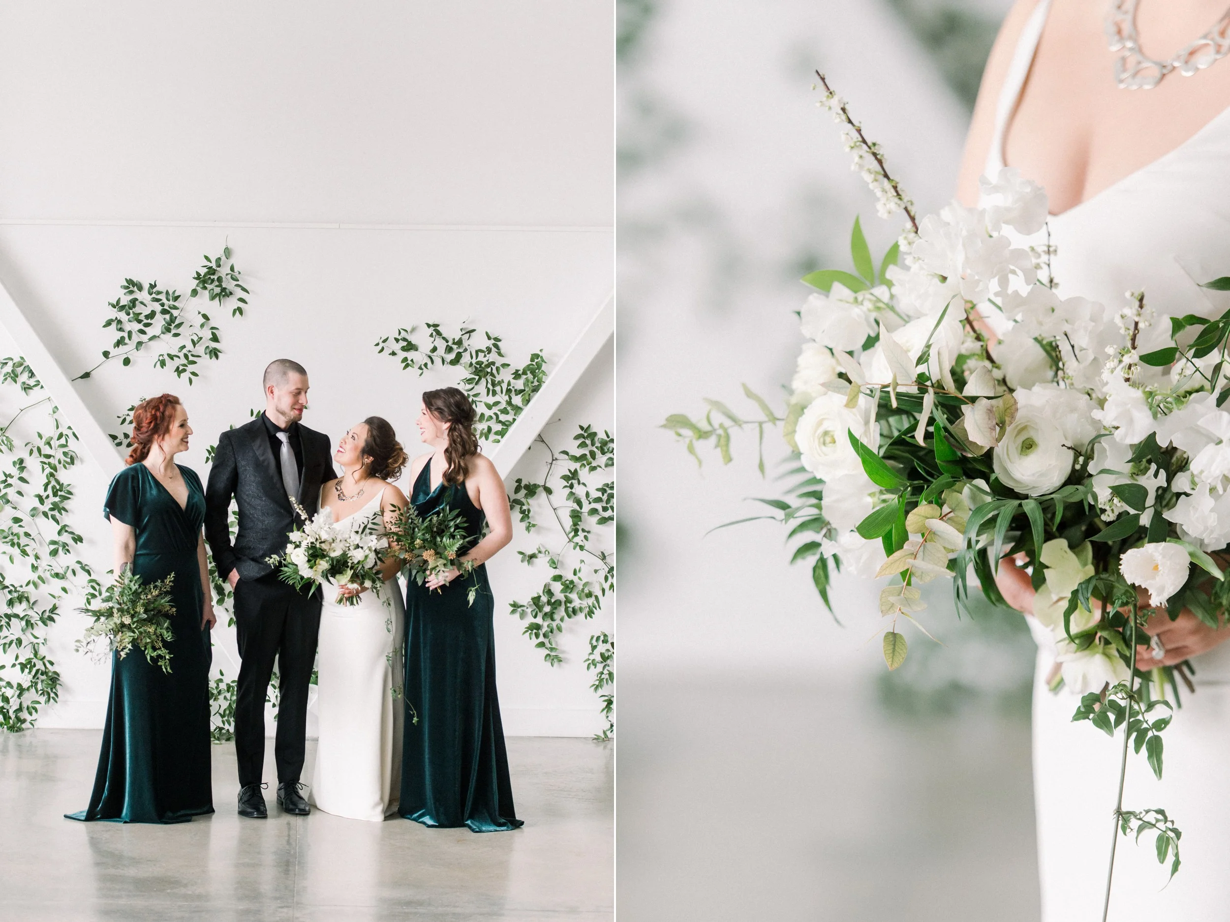 Jenny Yoo Bridesmaids Dresses green velvet | Bride Jann Marie Bridal | Groom tux Hive & Colony | Bridal Party Photos | Artists for humanity wedding | Boston wedding | green botanical wedding