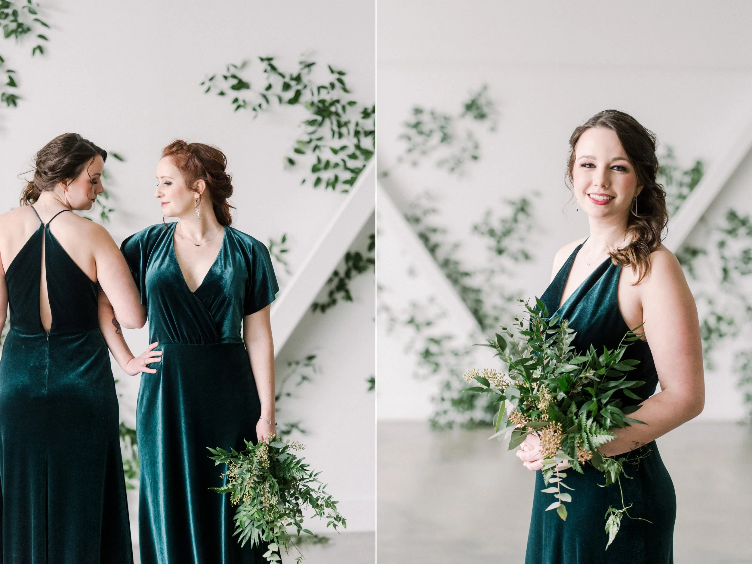 Jenny Yoo Bridesmaids Dresses in green velvet | Artists for humanity epicenter wedding | Boston wedding | green botanical wedding inspiration | bridesmaid style | green wedding inspo