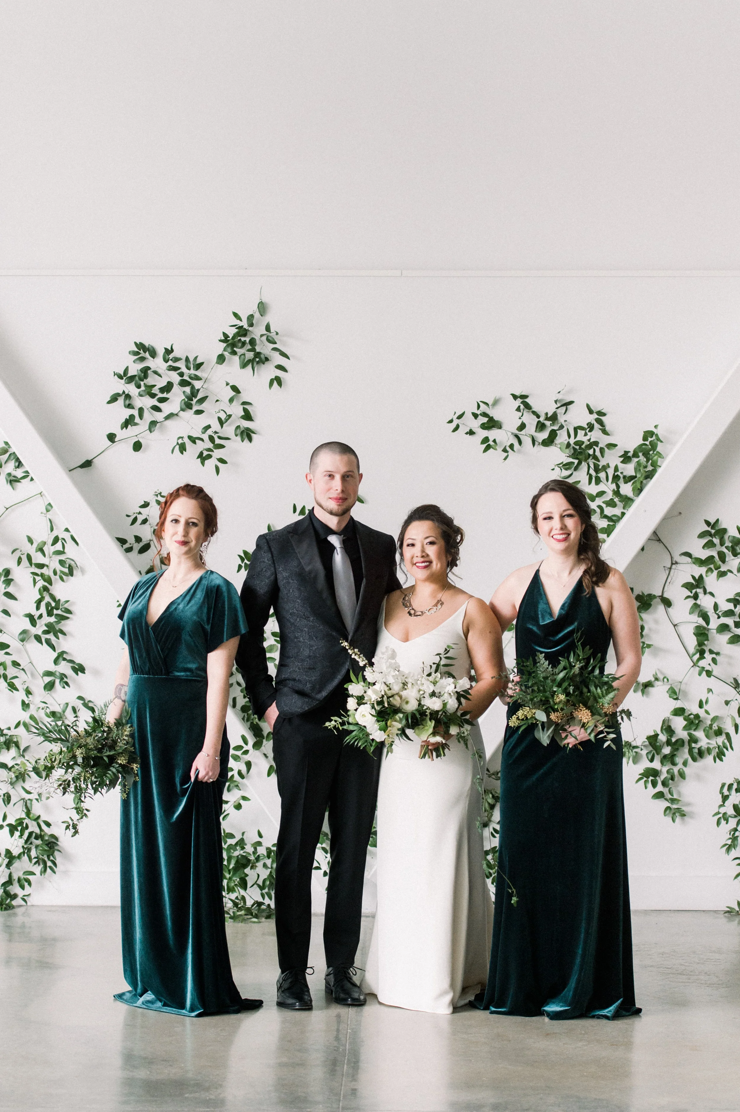 Jenny Yoo Bridesmaids Dresses green velvet | Bride Jann Marie Bridal | Groom tux Hive & Colony | Bridal Party Photos | Artists for humanity wedding | Boston wedding | green botanical wedding