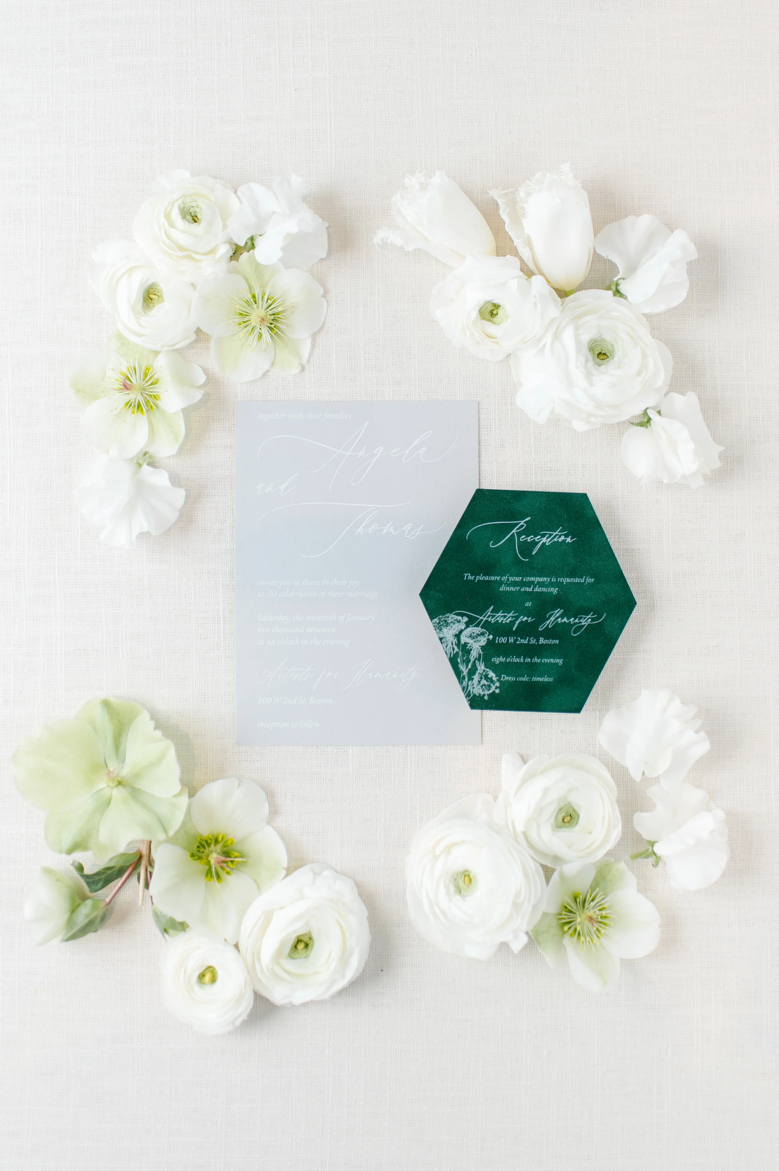 Artists for humanity epicenter wedding | Boston wedding | green and gray vellum wedding invitation suite by Boxed Wedding Invitations | green botanical wedding inspiration | velvet rsvp invitation