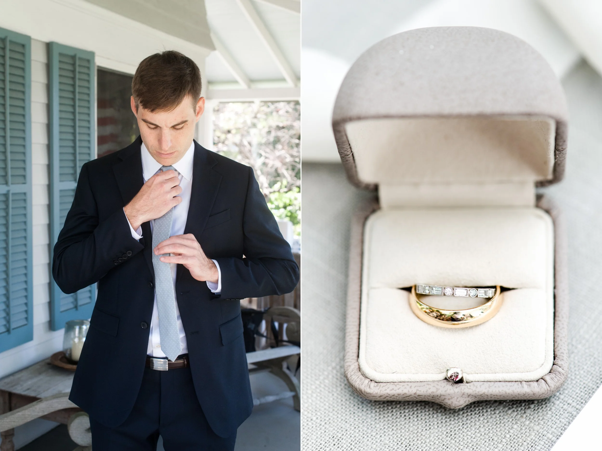Wee Burn Beach Club Wedding Darien CT black and white groom getting ready for fall wedding on shoreline in New England and wedding rings in gray ring box