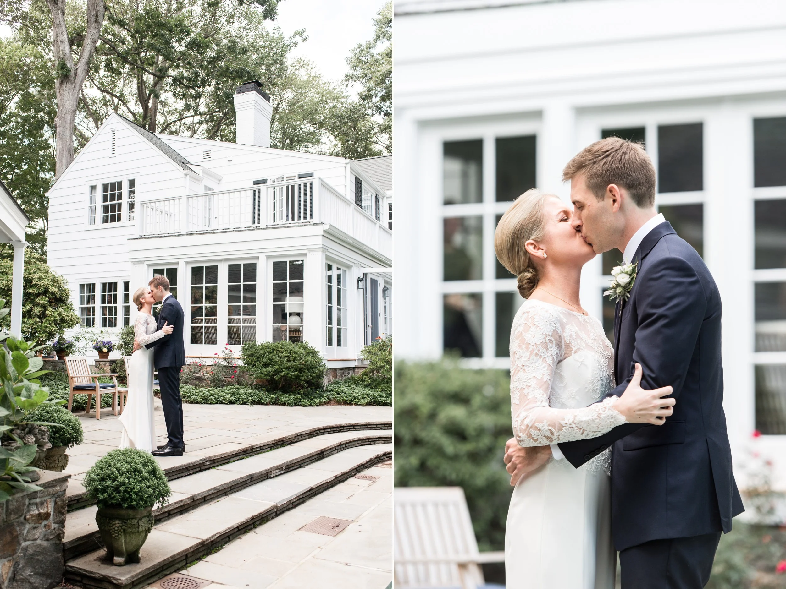 Wee Burn Beach Club Wedding Darien CT bride and groom first look on backyard patio with parents and bridesmaids looking on through the windows