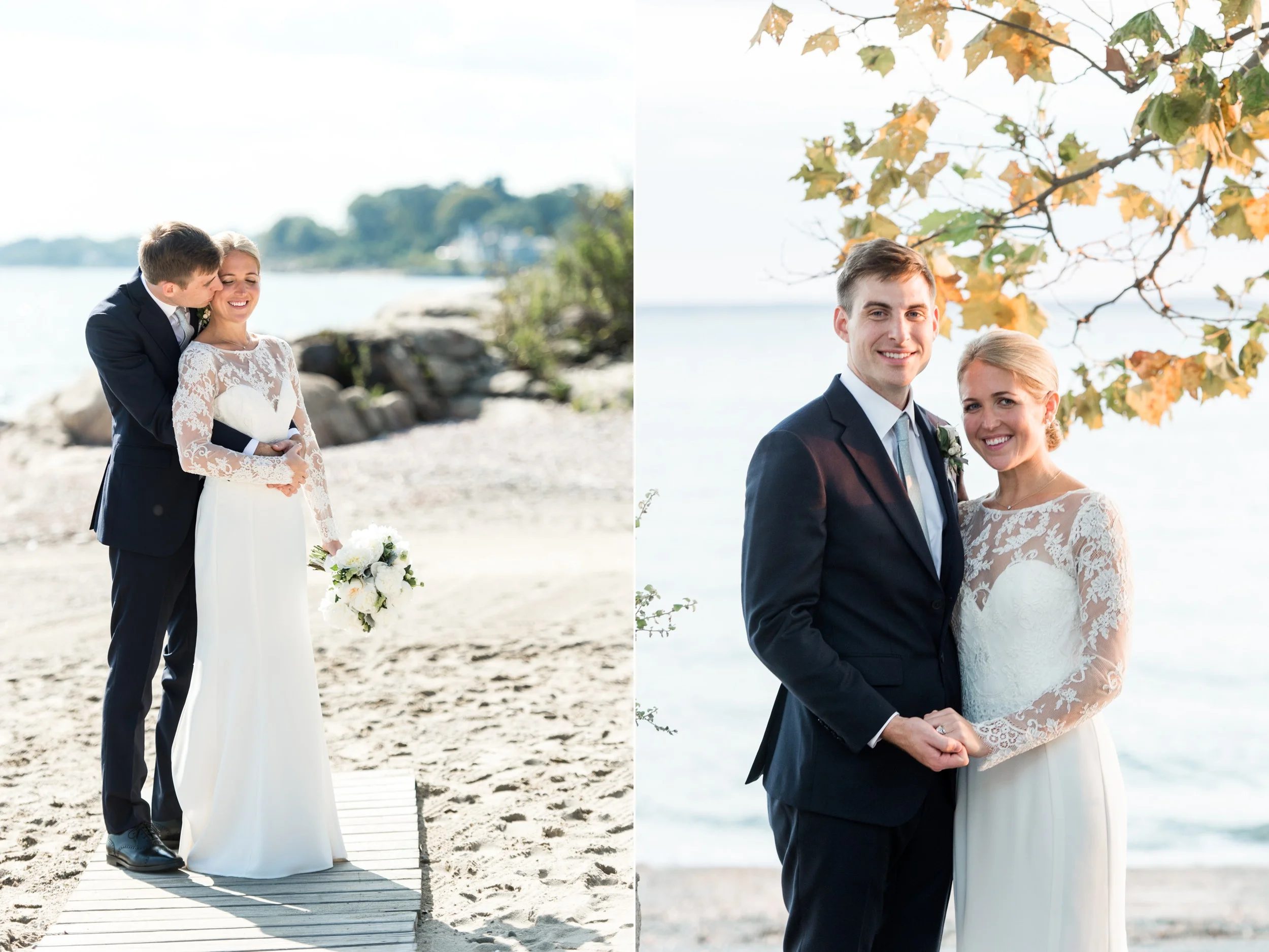 Wee Burn Beach Club Wedding Darien CT Bride and Groom Portraits on the Beach Lace Dress Navy Suit and White Florals