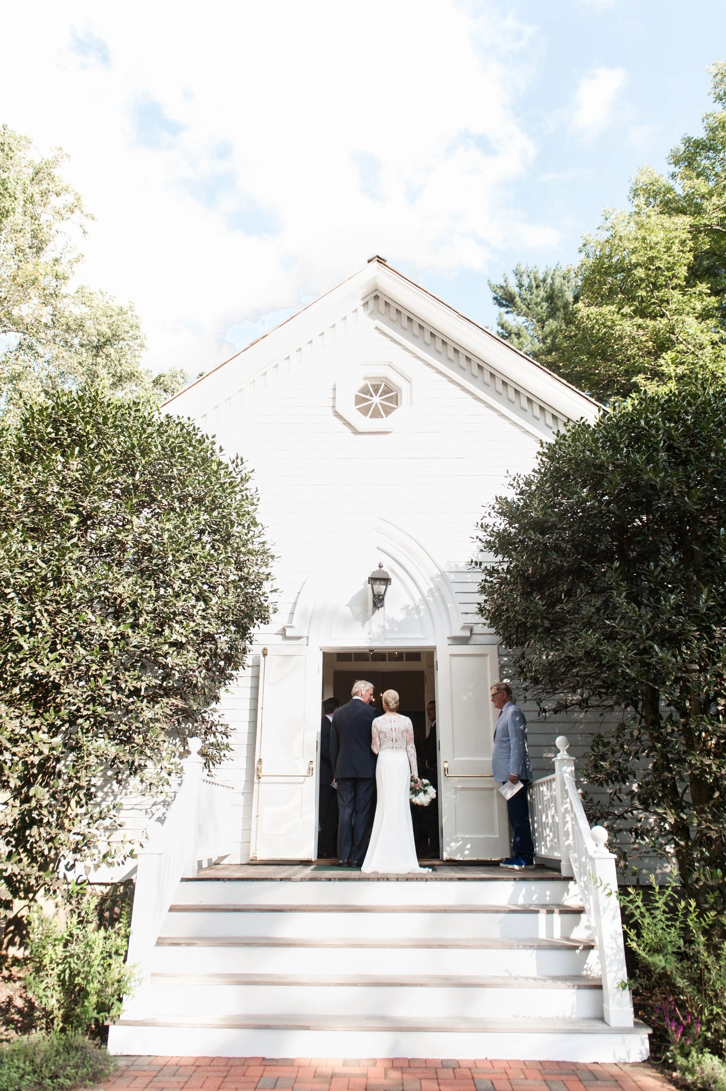 Wee Burn Beach Club Wedding Darien CT Talmidge Hill Community Church Wedding Ceremony bride walking down the aisle with her dad