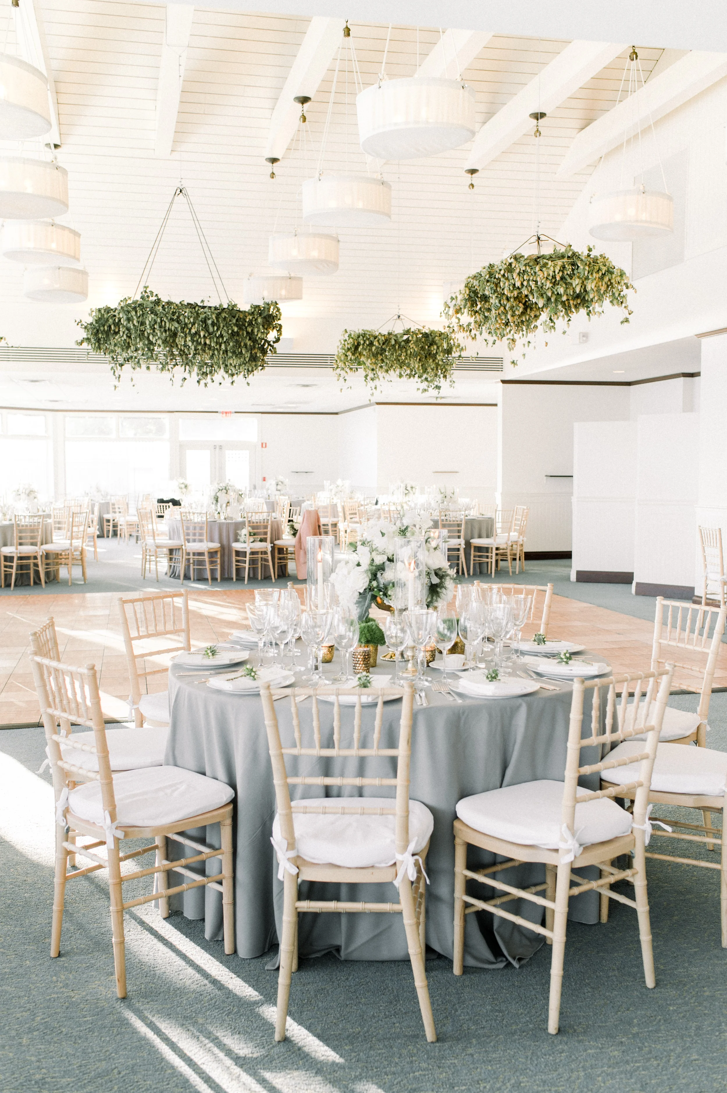 Wee Burn Beach Club Wedding Darien CT personalized letterpress menu cards white florals and hanging floral installations reception inspiration in gray white and green