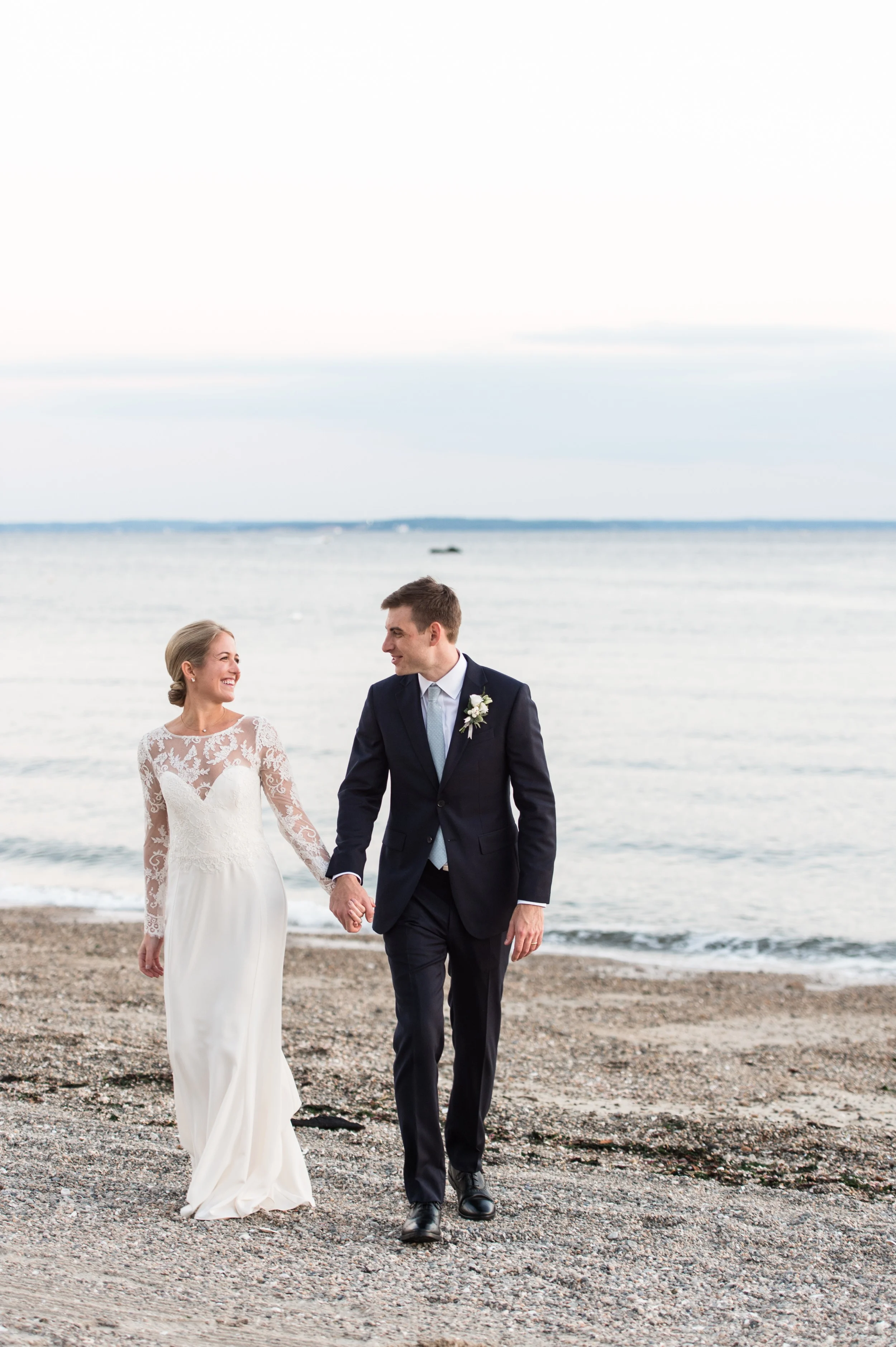 Wee Burn Beach Club Wedding Darien CT sunset portraits of bride and groom on the beach
