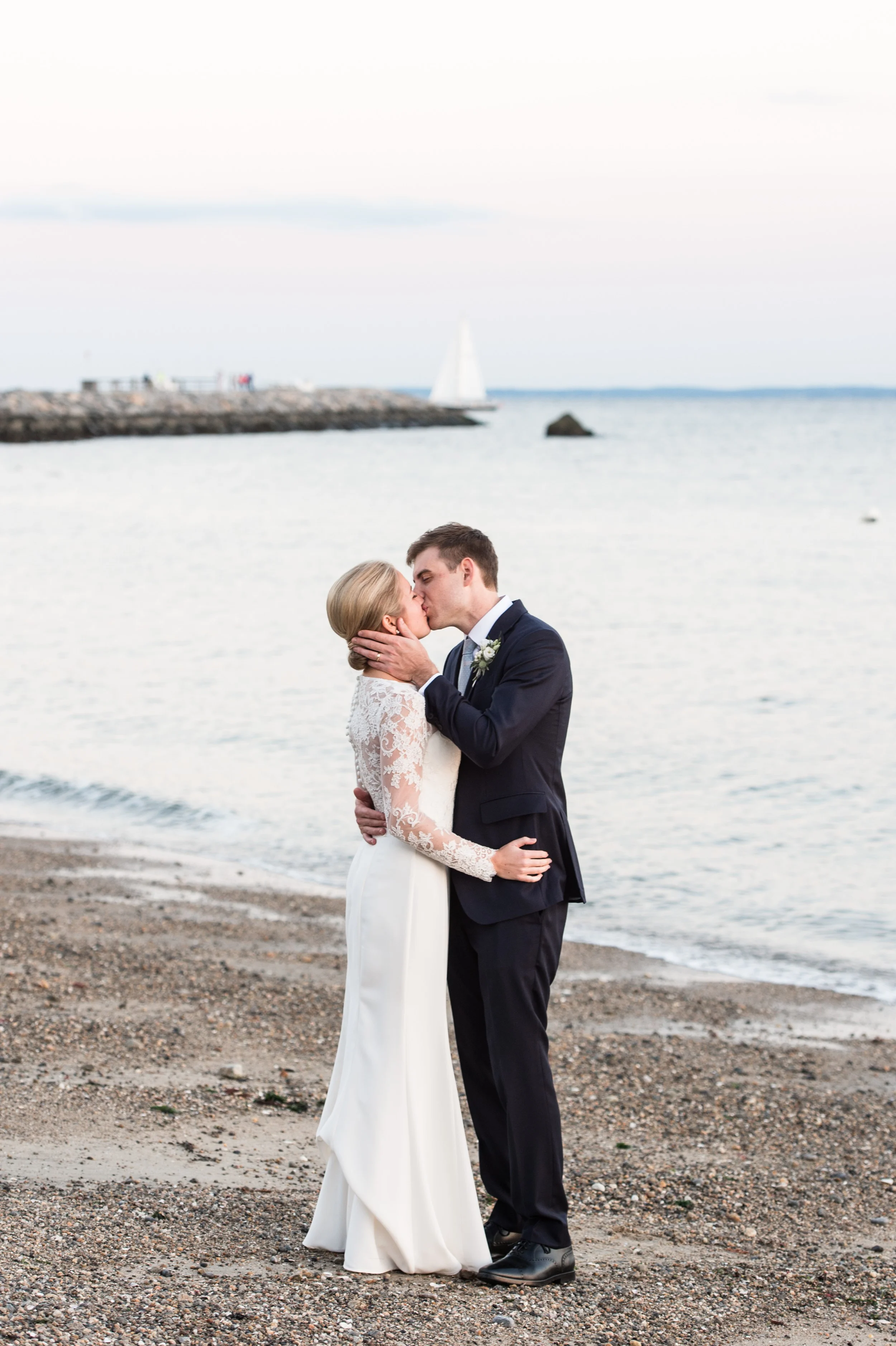 Wee Burn Beach Club Wedding Darien CT sunset portraits of bride and groom on the beach