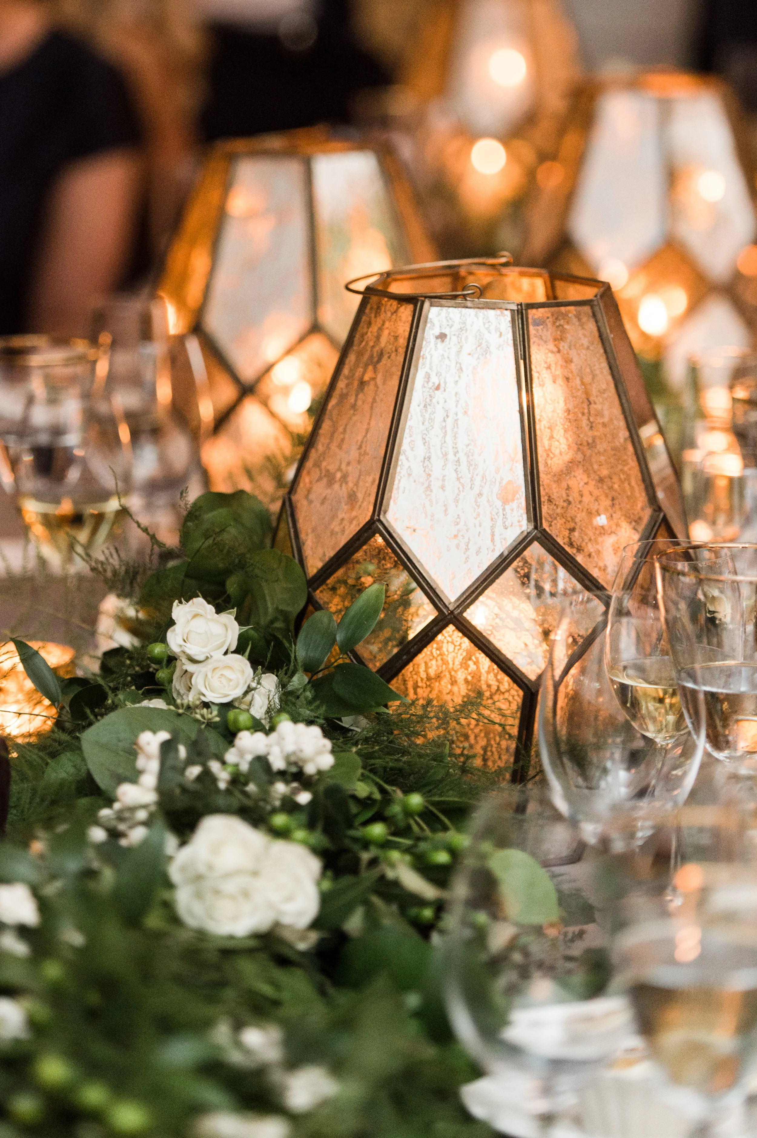 Wee Burn Beach Club Wedding Darien CT florals and lanterns as centerpiece decor
