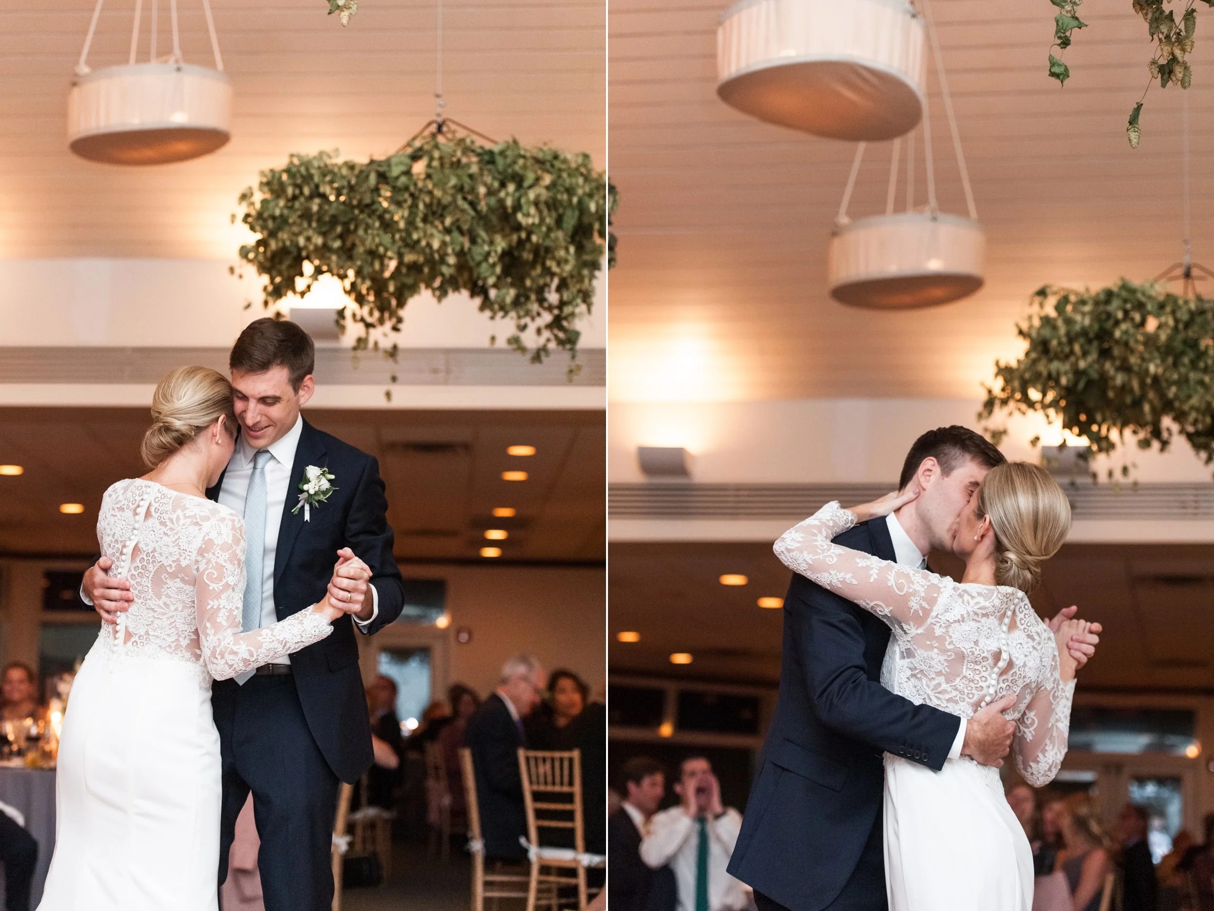 Wee Burn Beach Club Wedding Darien CT bride and groom first dance under hanging floral installations