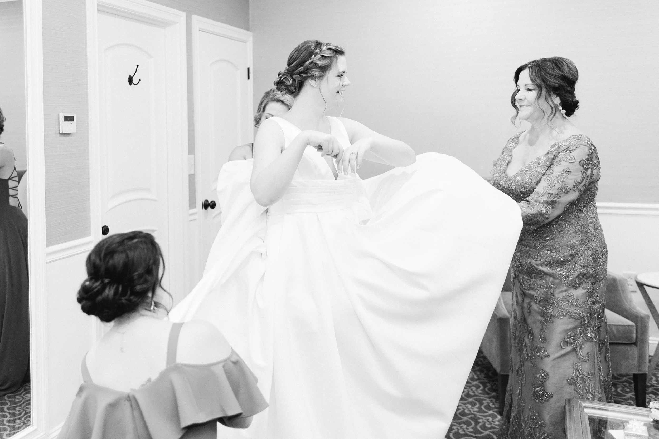 The Villa at Ridder Country Club Spring Wedding East Bridgewater MA bride getting ready black and white