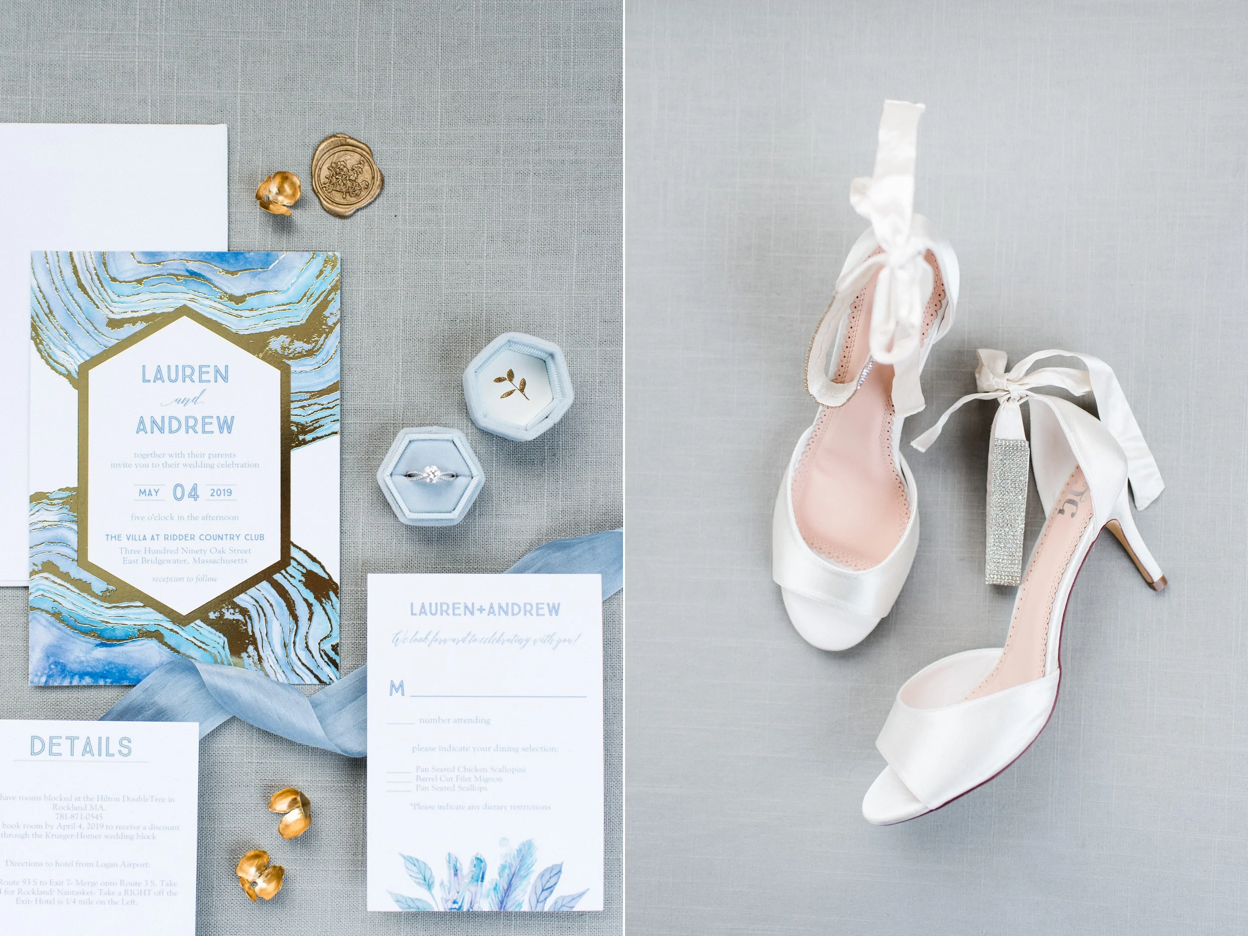 The Villa at Ridder Country Club Spring Wedding East Bridgewater MA bridal details flat lay white wedge wedding shoes and blue modern invitation suite