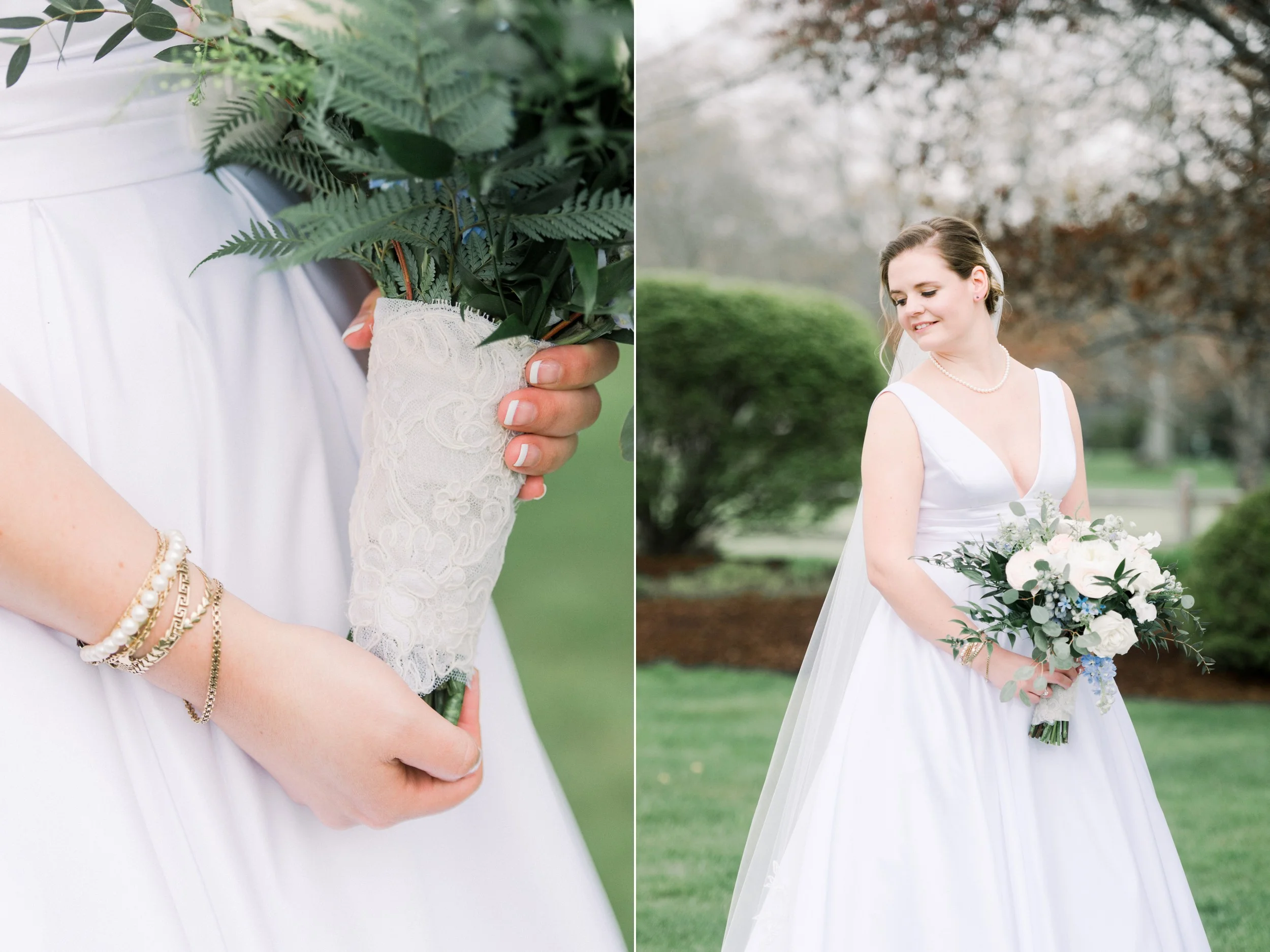 The Villa at Ridder Country Club Spring Wedding Bride and Groom Portraits East Bridgewater MA mothers wedding dress lace wrapped around the bouquet