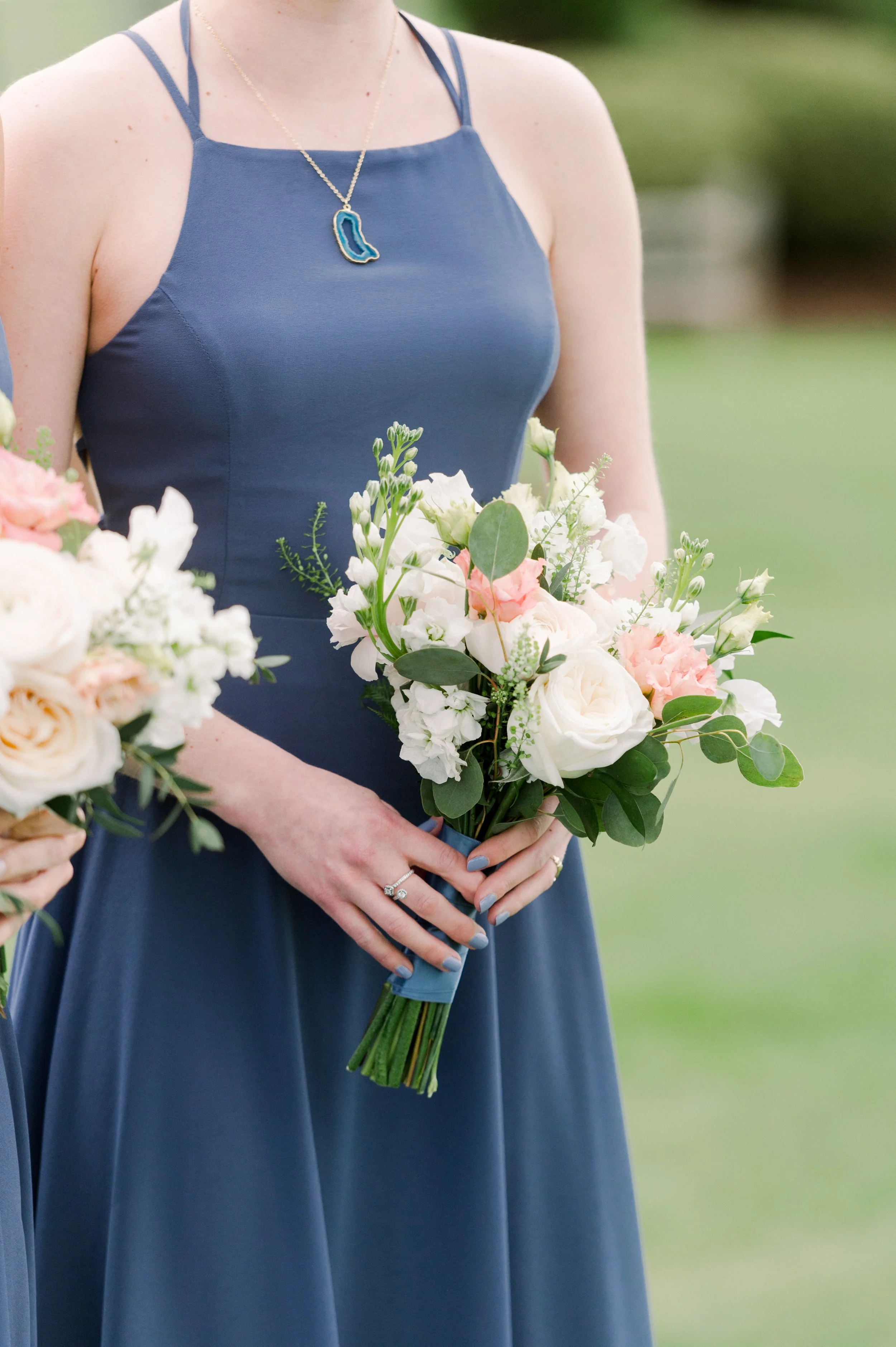 The Villa at Ridder Country Club Spring Wedding dusty blue bridesmaid dress, geode necklace, spring florals Portraits East Bridgewater MA