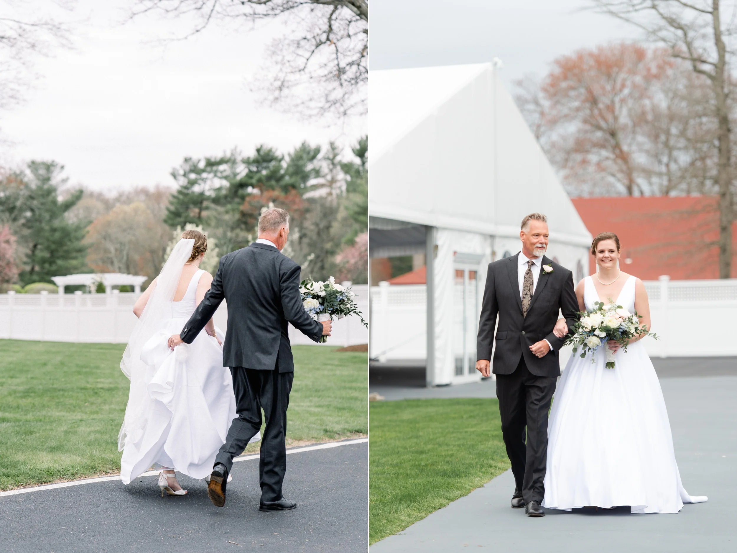 The Villa at Ridder Country Club Outdoor Wedding Ceremony in Spring father and daughter walk down the aisle