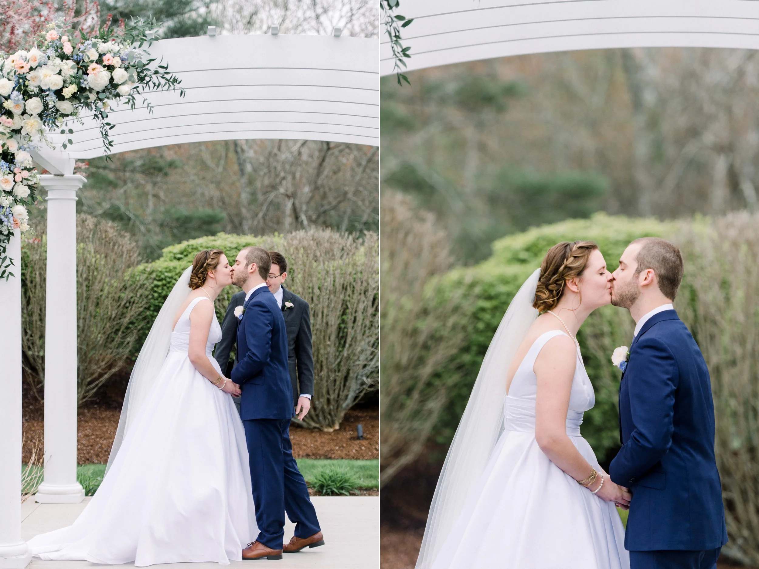 The Villa at Ridder Country Club Outdoor Wedding Ceremony in Spring bride and groom say their vows and have first kiss