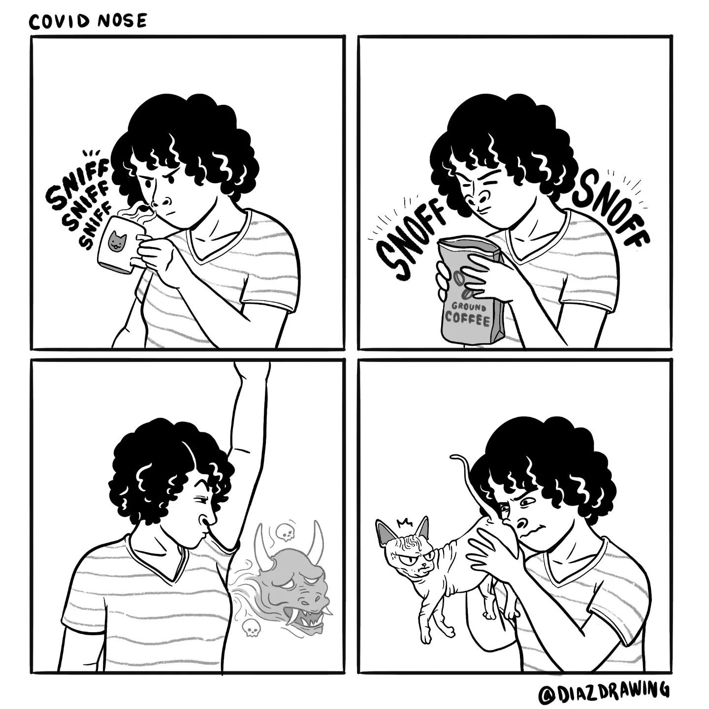 Happy New Year! What better way to start off the year right than getting COVID again, so let's take a sniff down memory lane to the first time I got COVID and couldn't smell anything. 👃
.
.
.
#covid #covid_19 #smell #artistsoninstagram #comic #art #