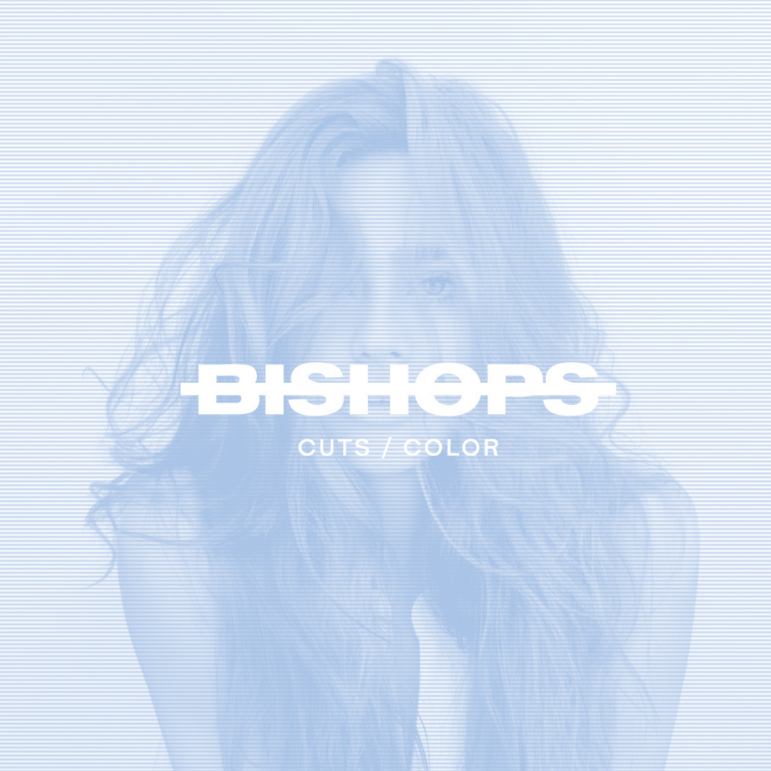 Faded blue-tinted photo of a woman with long wavy hair, partially covering her face, with white text 'BISHOPS Cuts / Color' centered on the image.