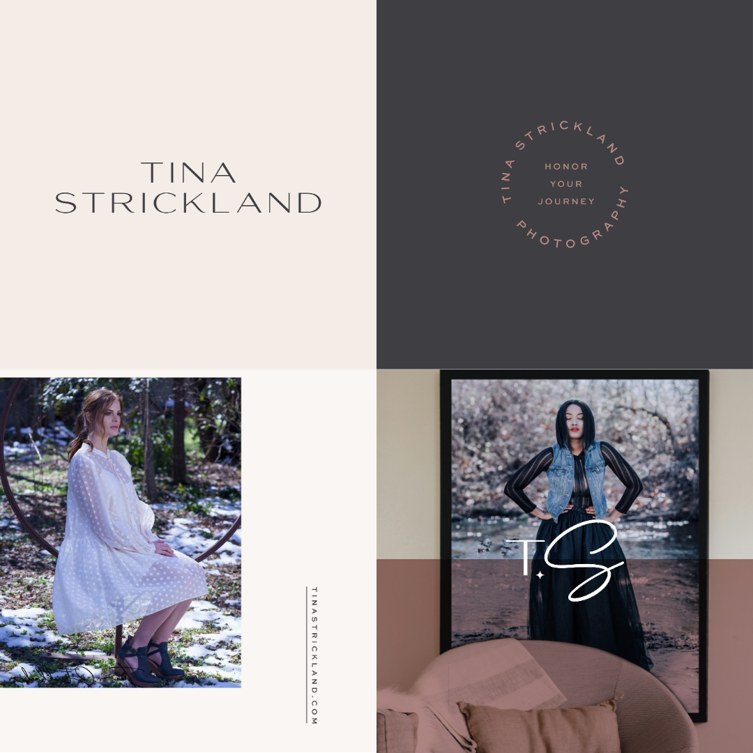 Collage of four images: Top left features a beige background with the name 'Tina Strickland'; top right shows a dark grey background with circular text 'Tina Strickland Photography' and 'Honor Your Journey'; bottom left depicts a woman in a white dress sitting outdoors on a swing in a wooded area; bottom right shows a framed photo of a woman in a black dress and denim vest standing outdoors with her hands on hips, in front of a river and trees.