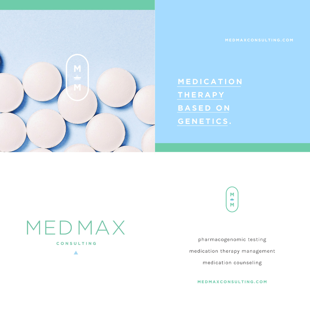 Design for MED MAX Consulting featuring white tablets on a blue background with text about medication therapy based on genetics and services like pharmacogenomic testing, medication management, and counseling.
