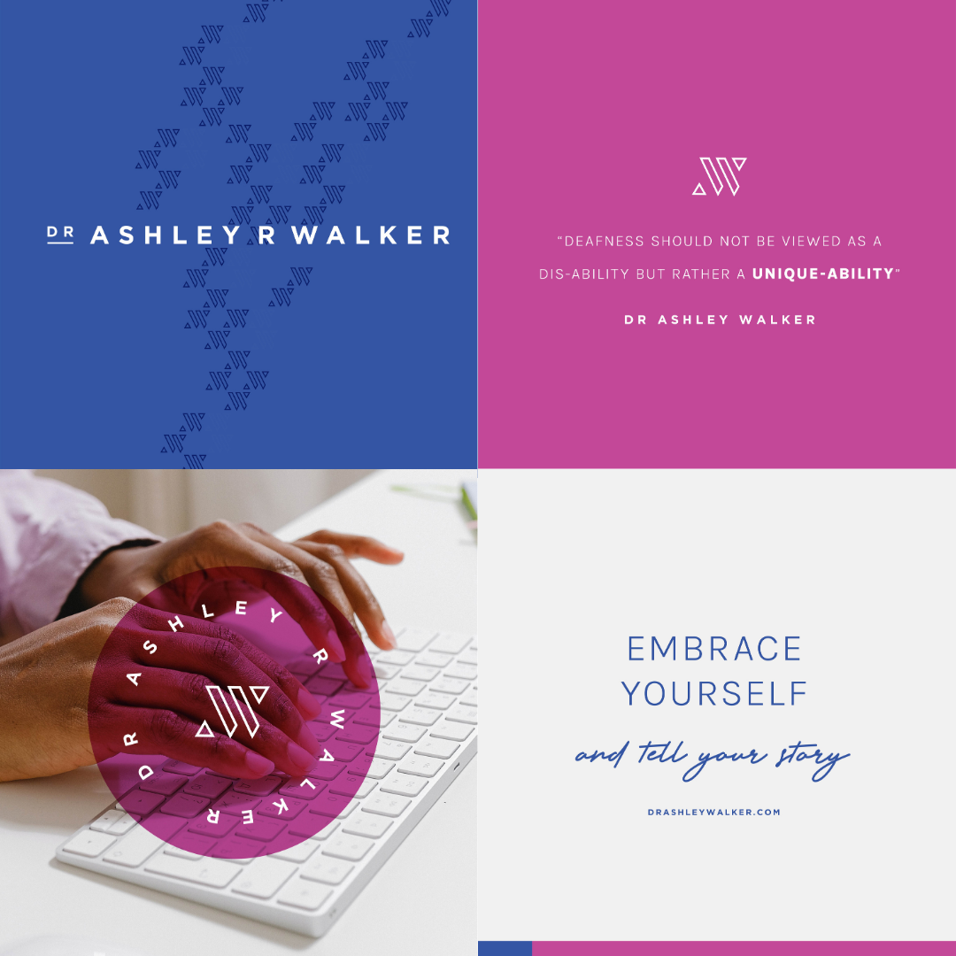 Collage with a quote about deafness, a logo with BSL symbols, and a person typing on a keyboard