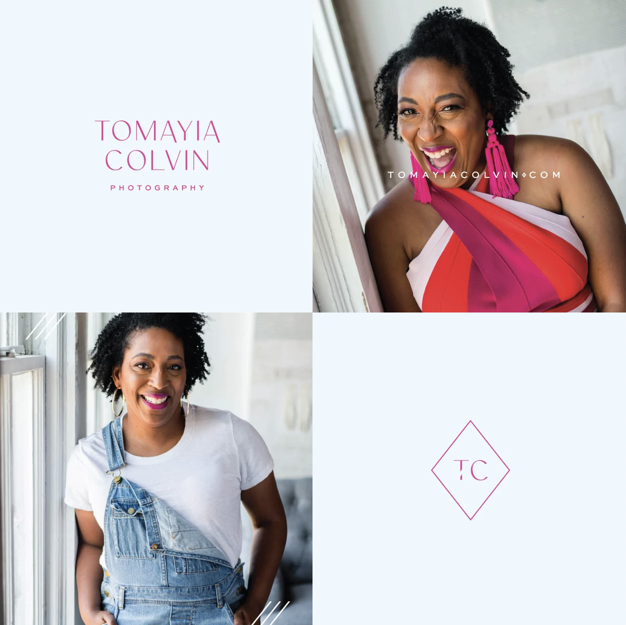 Collage of three photographs: a woman with short curly hair and pink earrings smiling, a woman wearing overalls and a white t-shirt smiling by a window, and a graphic logo with the initials TC in pink within a diamond shape.