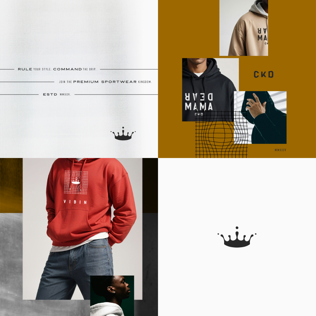 Collage of four fashion advertisements featuring hoodies and sweatshirts in various colors, with text promoting premium sportswear and a crown logo.