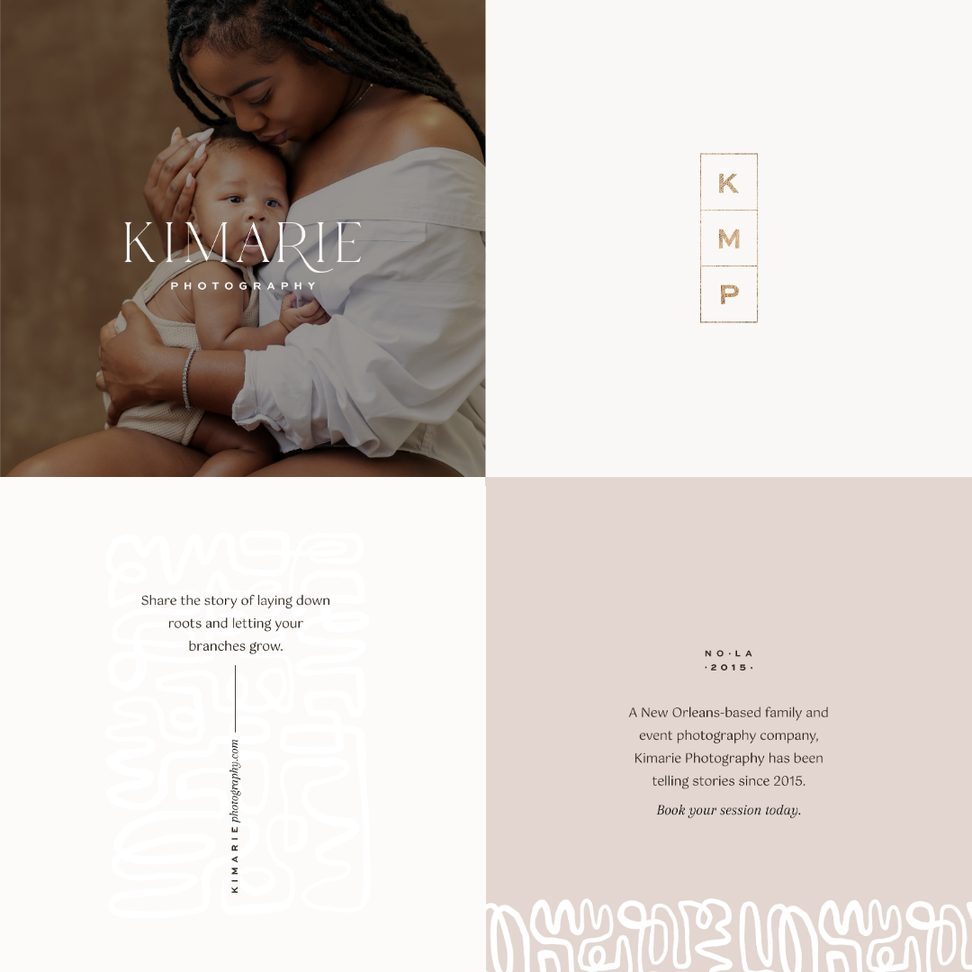 A woman holding and cuddling a young child. The woman has long, braided hair and is wearing an off-shoulder white top. The child is sitting on her lap, wearing beige clothing. The background is blurred. Overlaid text reads "Kimarie Photography."