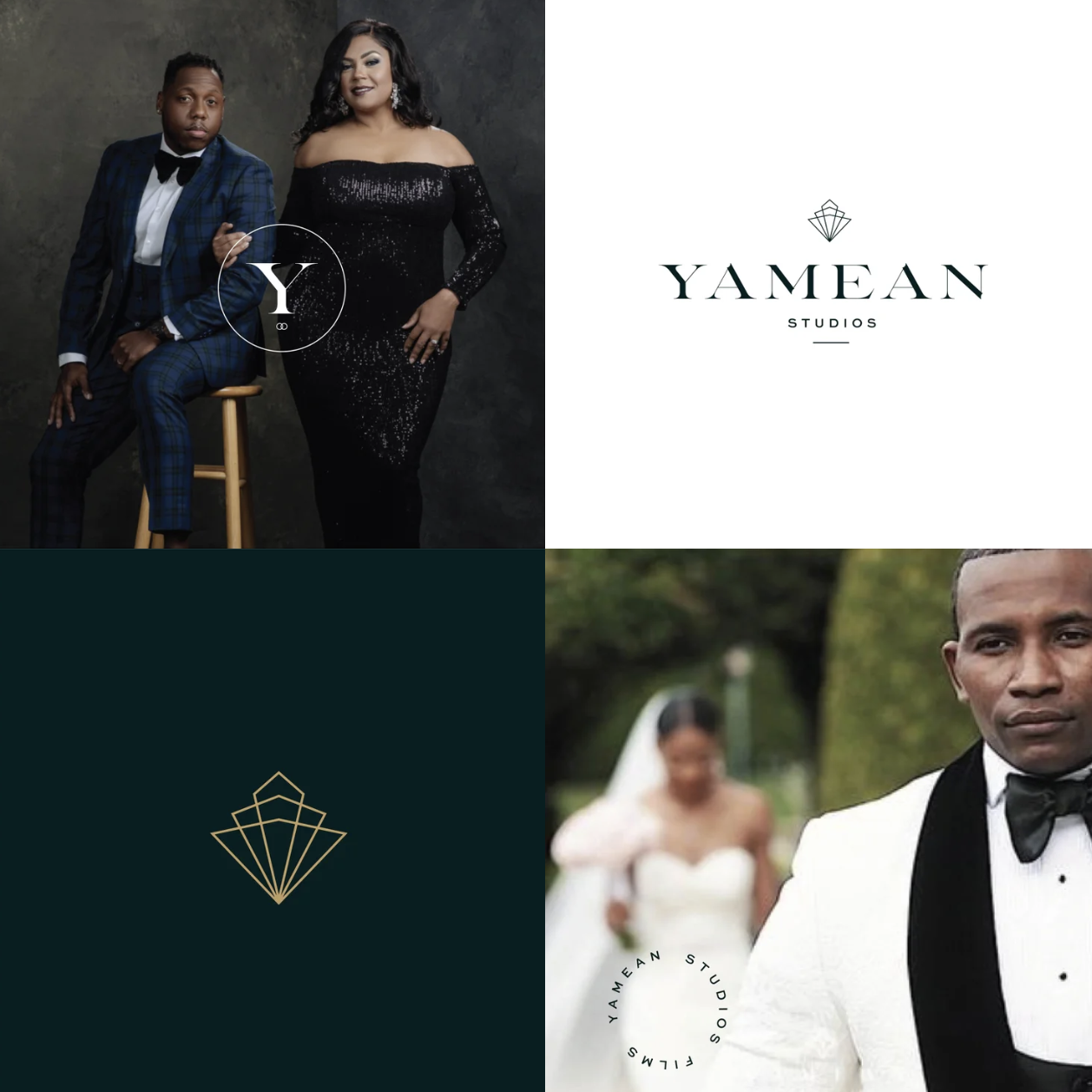 Collage of four images, including a man in a tuxedo, a woman in a black gown, a logo for Yamean Studios, and a man in a tuxedo with a woman in a wedding dress in the background.