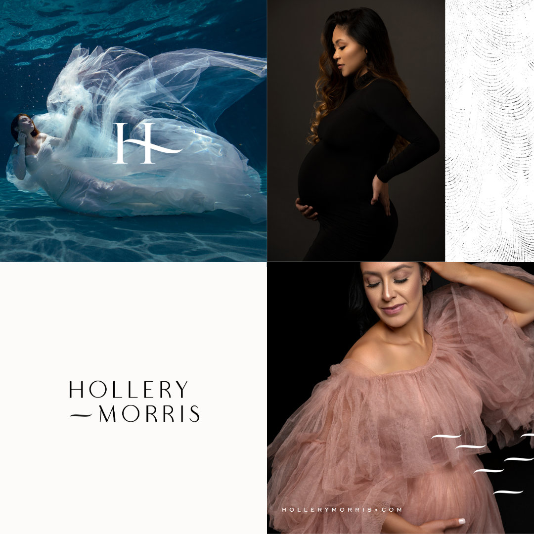 Collage of four images: a woman in a white dress underwater with flowing fabric and a logo, pregnant woman in black against a dark background, blank with a paper-like texture, woman in pink tulle dress with eyes closed and hand on her belly, website URL.