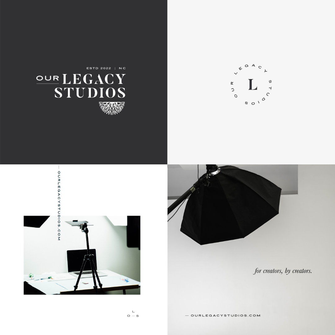A black and white collage featuring the logo of Our Legacy Studios, a photography studio equipment setup, and the studio's tagline 'for creators, by creators'.