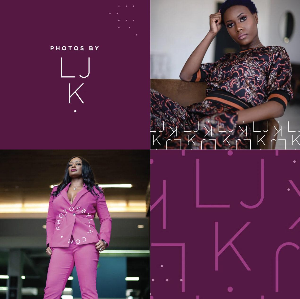 A collage with two professional photos of women and a purple background featuring the text 'Photos by LJ K'. The top right shows a woman with short black hair in a patterned dress sitting on a couch. The bottom left shows a woman with long black hair in a pink pantsuit standing in an indoor setting.