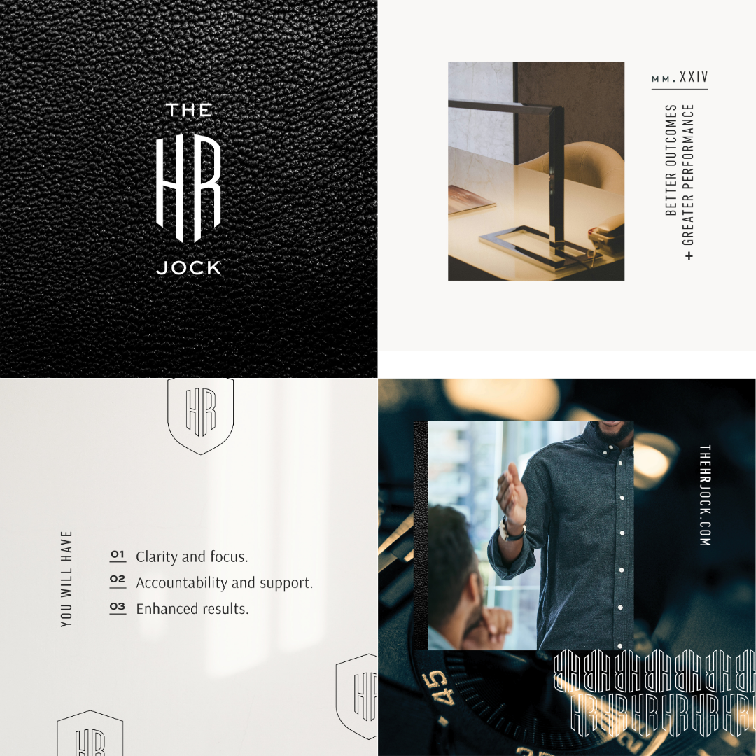 Collage with branding, modern office decor, and a man speaking to a group, promoting The HR Jock.