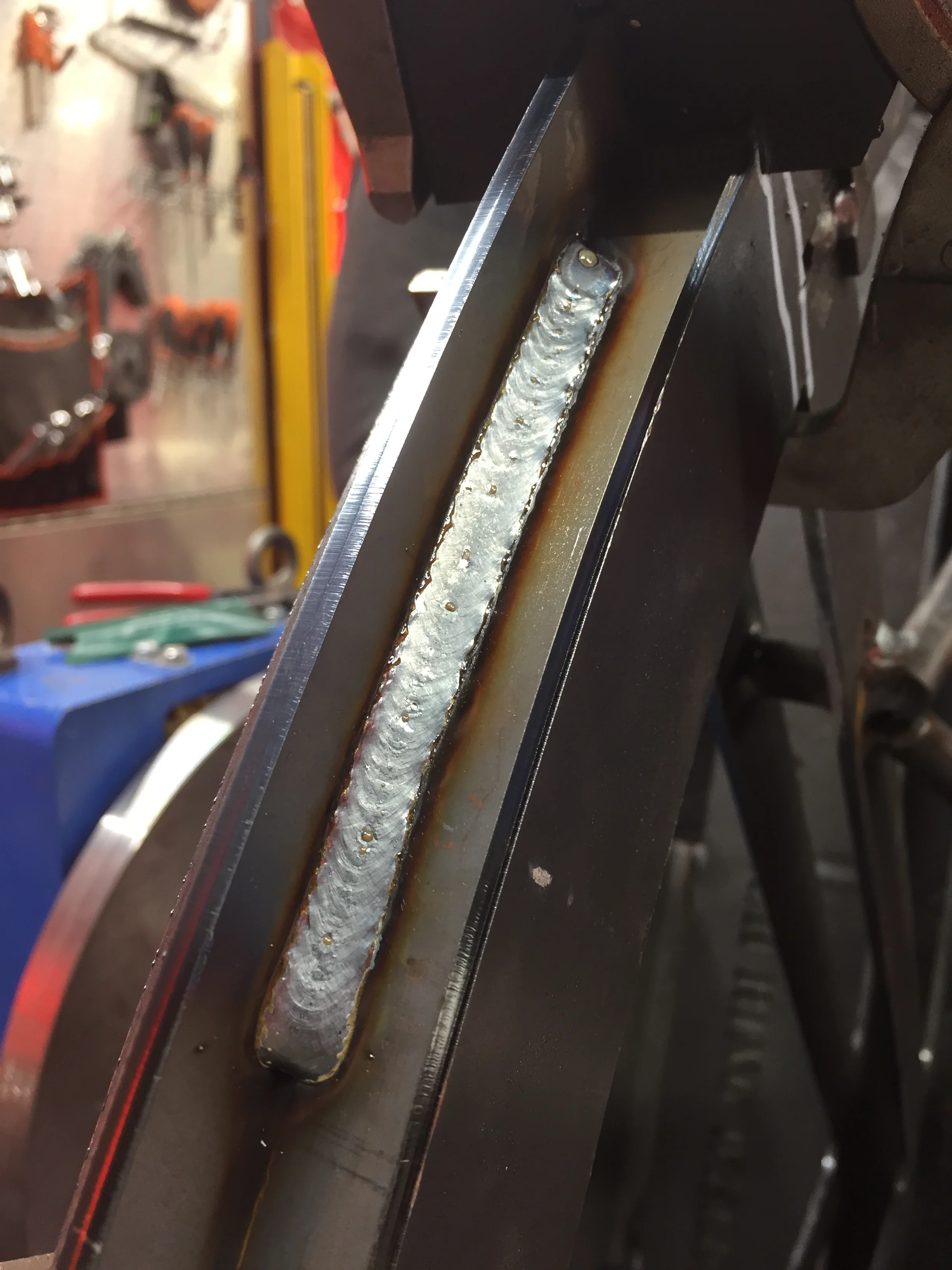 The resulting weld bead has a good start, nice bead size, proper penetration, and a great crater fill. With all of the parameters available in the Fronius welders you can "tune out" and splatter so the parts need zero clean-up after the weld process and zero anti-splatter coating.