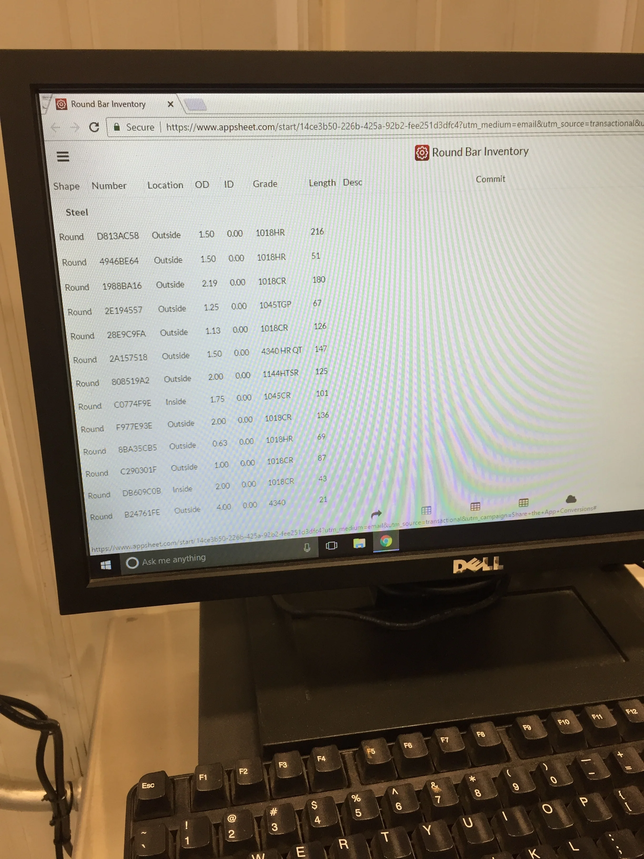The first step when a work order is posted to the shop floor is to log into our Inventory system and find the correct raw material to use. This computer screen is one terminal that runs a mobile app that we've created. The App can be viewed on any device and is 100% cloud based. 